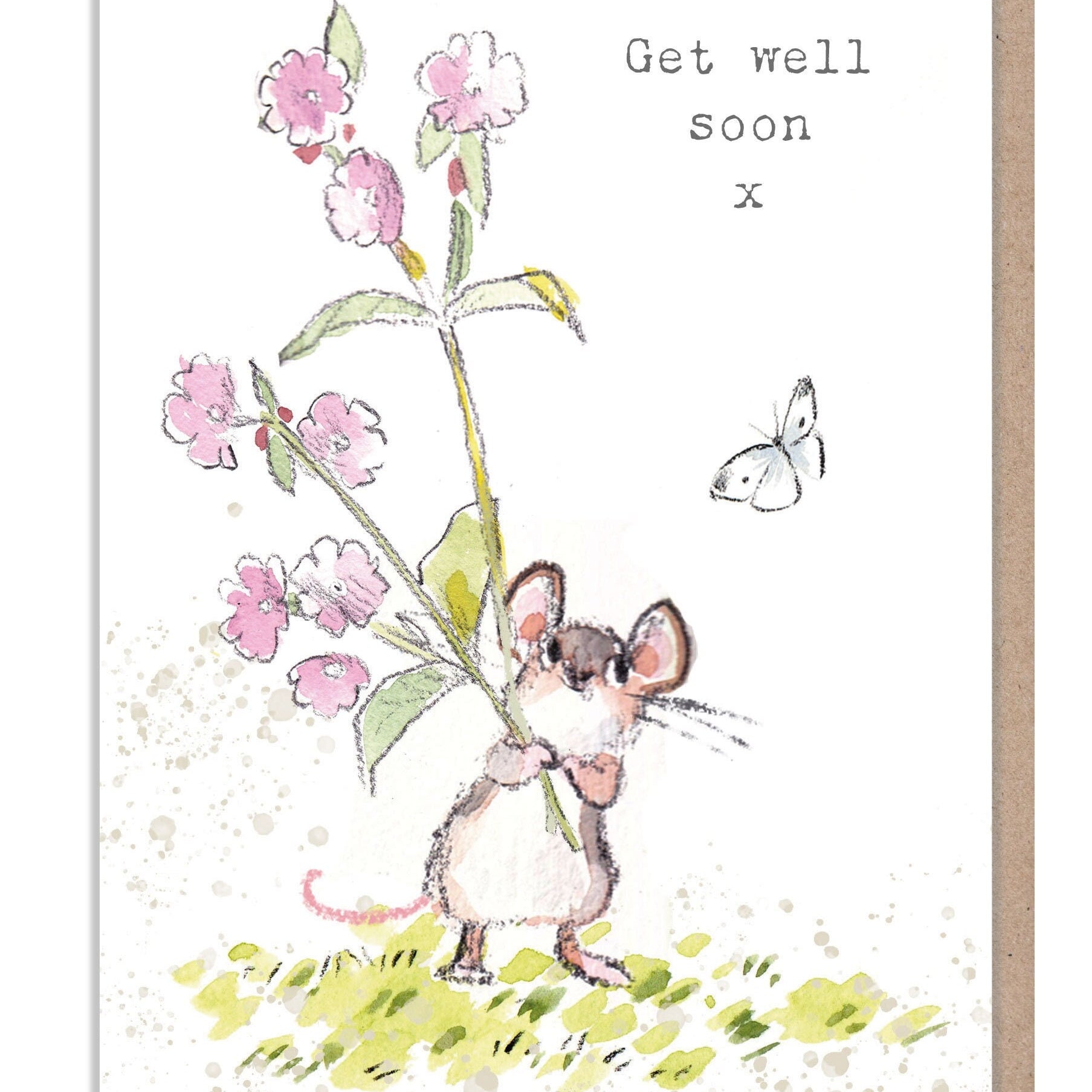 Get well soon, Cute Mouse with flowers Illustration BWE030