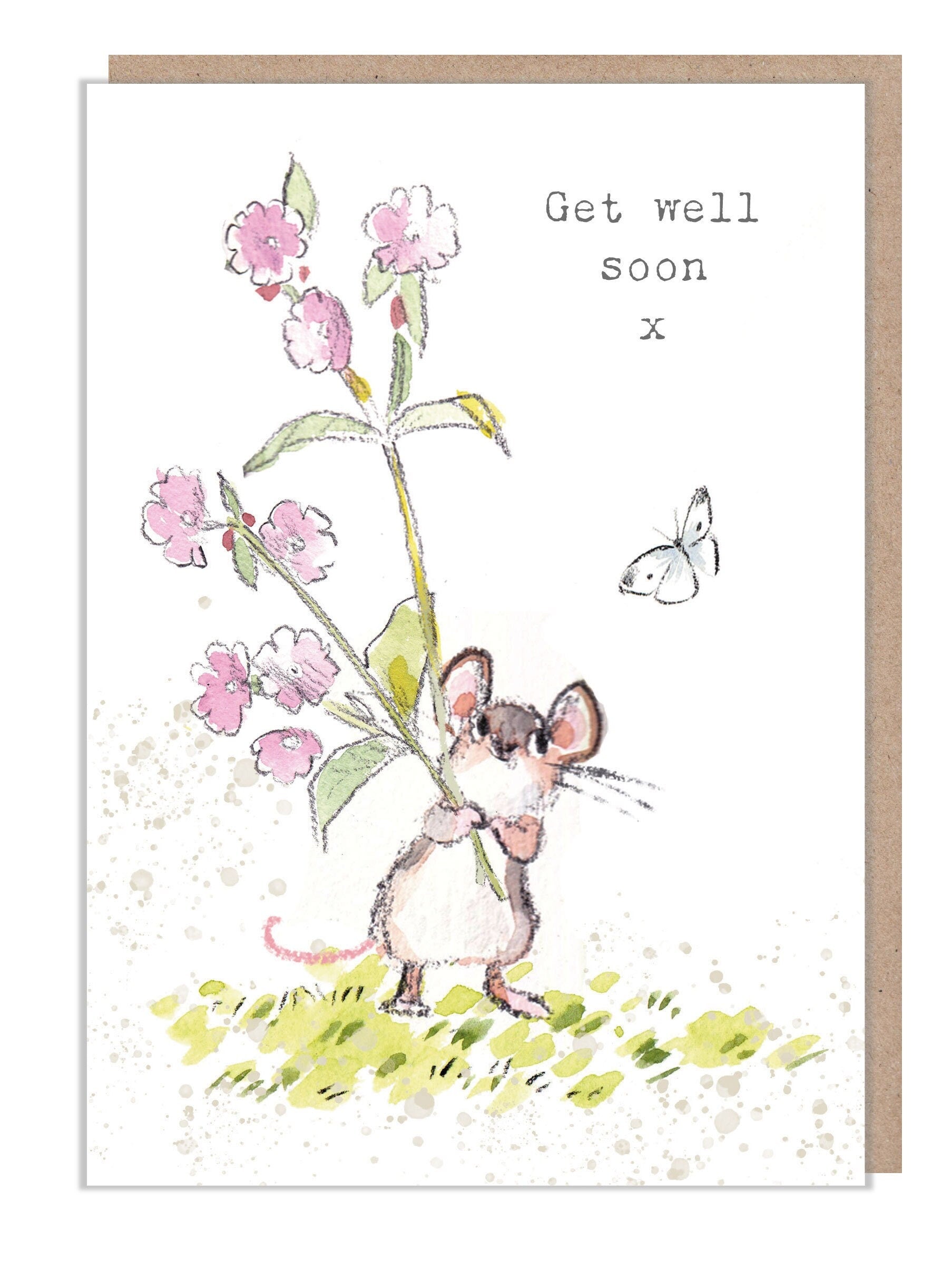 Get well soon, Cute Mouse with flowers Illustration BWE030