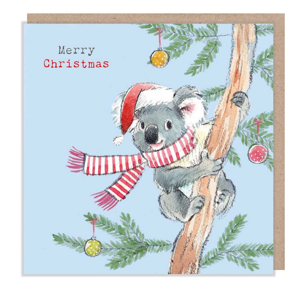 Koala Christmas Card - Merry Christmas -  Charming illustration - Koala in tree - 'Wonderfully Wild'  range - Made in UK -  WWX019