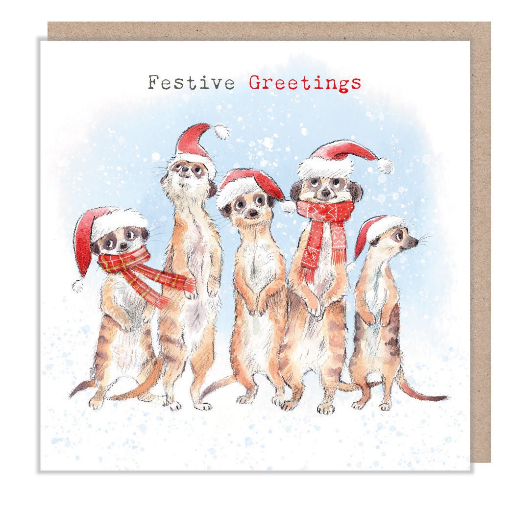 Festive Greetings - Quality Christmas Card - 150 x 150mm - Charming Meerkats illustration - 'Wonderfully Wild'  range - Made in UK -  WWX06