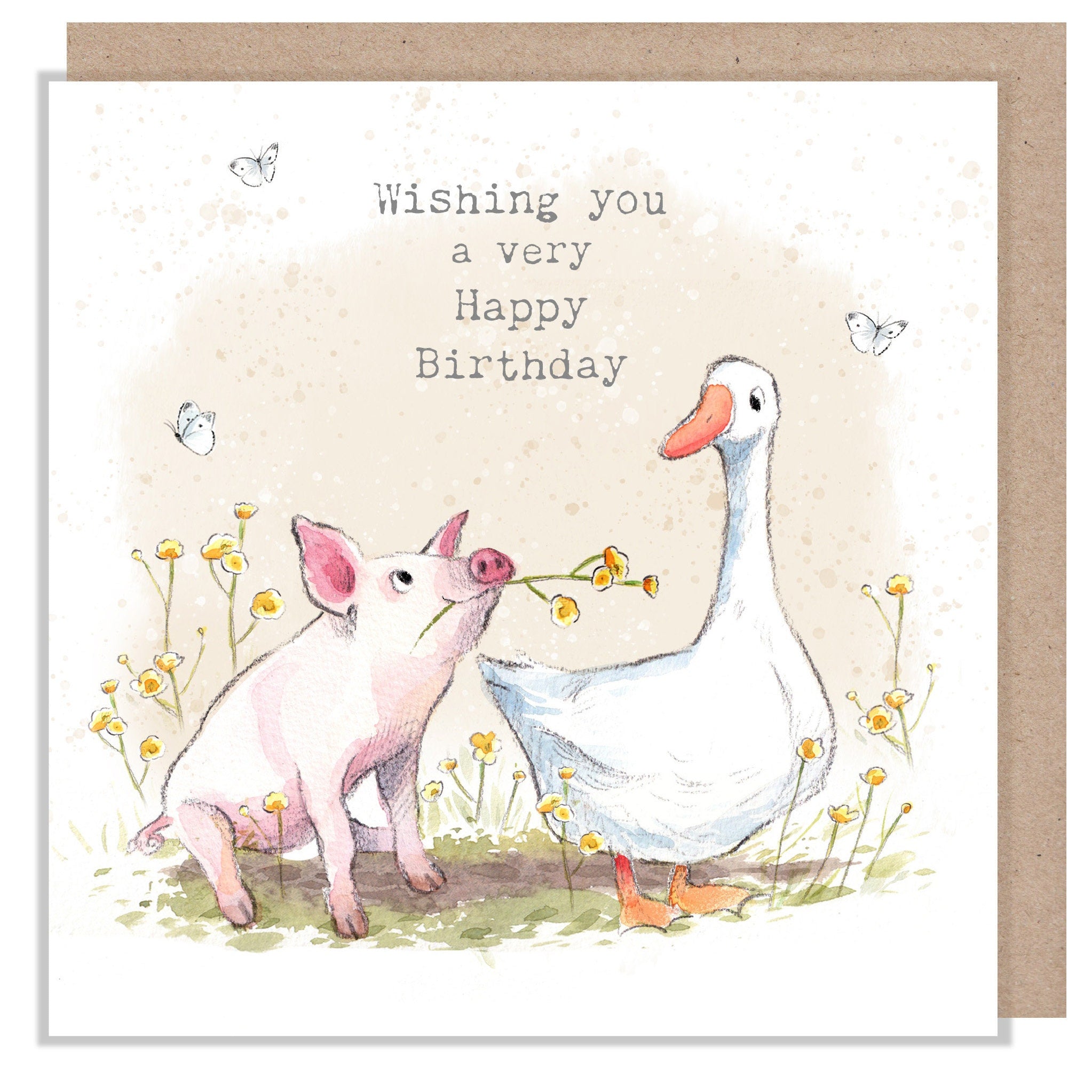 Birthday Card - Quality Greeting Card - Charming illustration - 'Buttercup Farm' range - Pig and Goose- Made in UK -  BF01