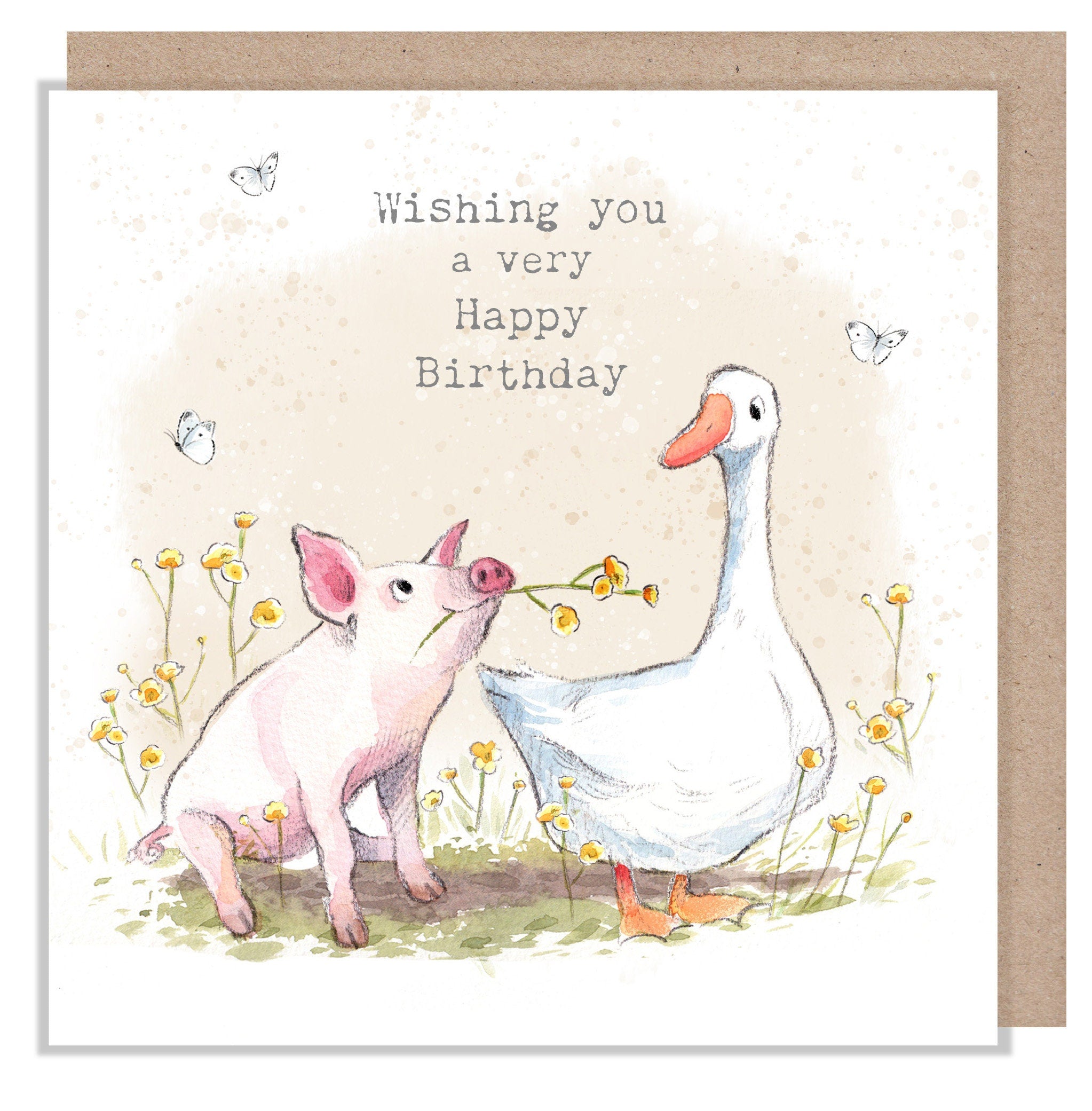 Birthday Card - Quality Greeting Card - Charming illustration - 'Buttercup Farm' range - Pig and Goose- Made in UK -  BF01