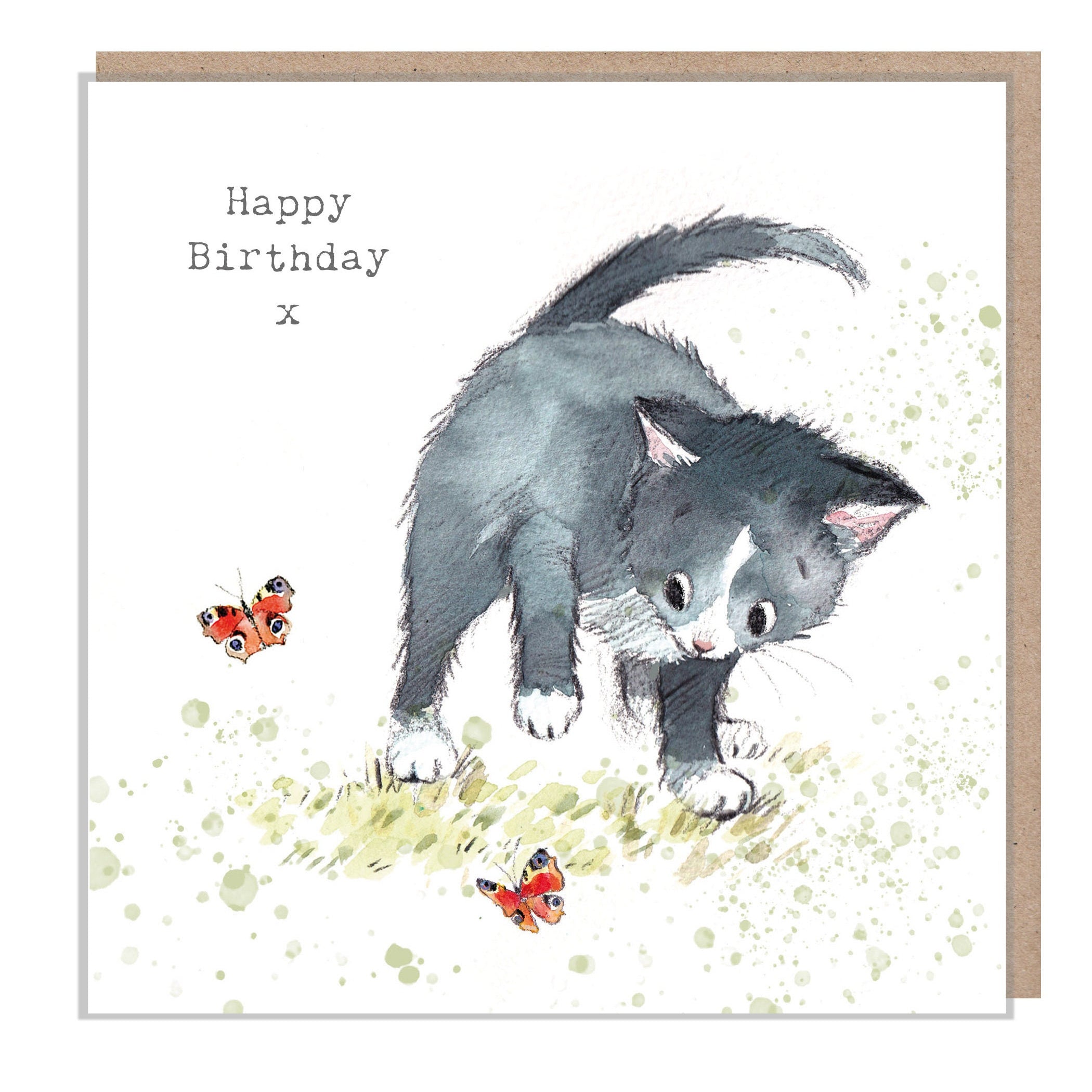 Cat Birthday Card - Quality Greeting Card - Charming illustration - 'Pawsitively Purrect' range - Black Cat with Butterfly- Made in UK-EPP05