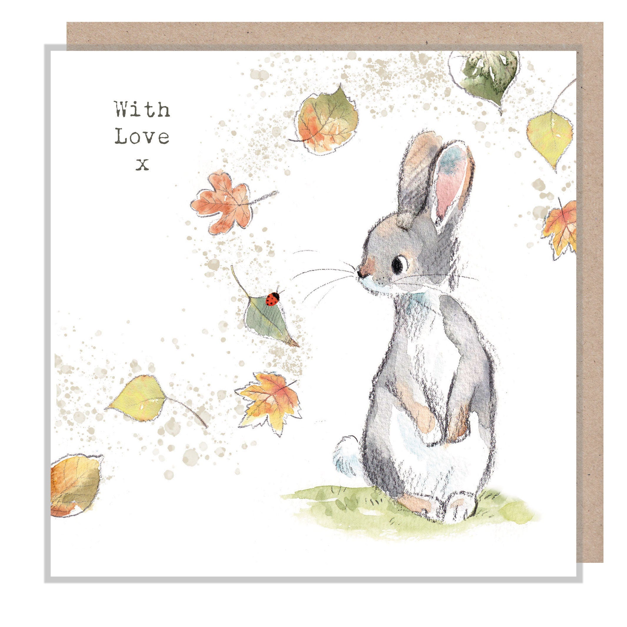 Rabbit Card - with love - Quality Greeting Card - Charming illustration - Rabbit with leave 'Bucklebury Wood'  range - Made in UK -  BWE03