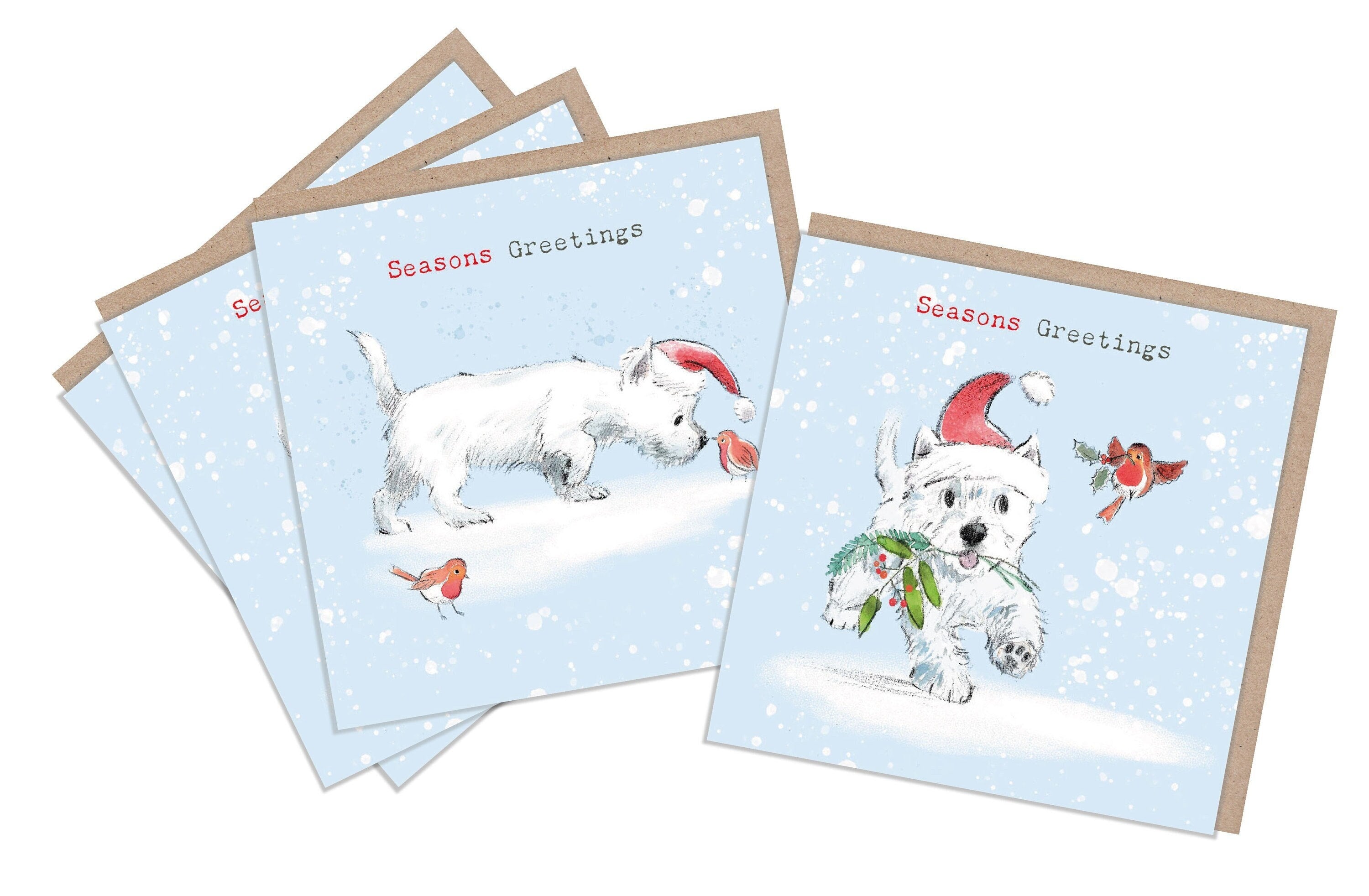 Quality Christmas Card Pack - 2 design - 4 cards - 150 x 150mm - Westie Illustrations - made in UK - No plastic Packaging