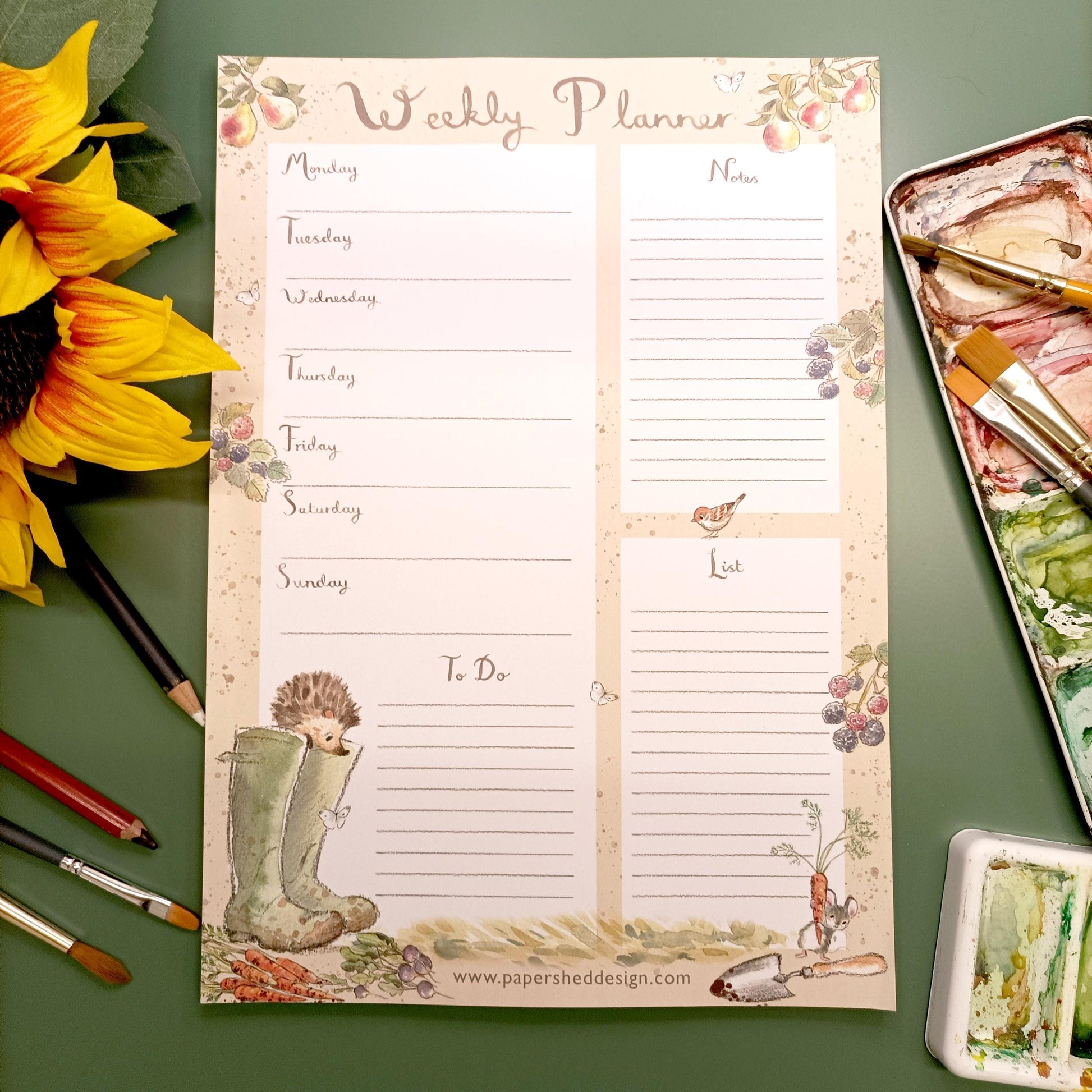 Weekly Planner - A4 size -  charming Hedgehog Illustration - 'Morris and Maude' range - made in the UK - WPLAN01
