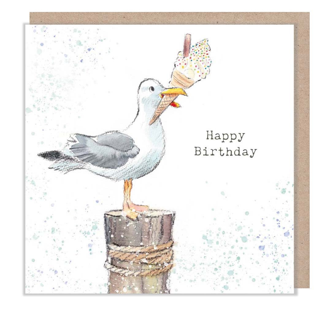 Seagull - Happy Birthday - Quality greeting Card - Seagull with ice cream illustration - 'by the Seashore' range - made in UK  - SEA03