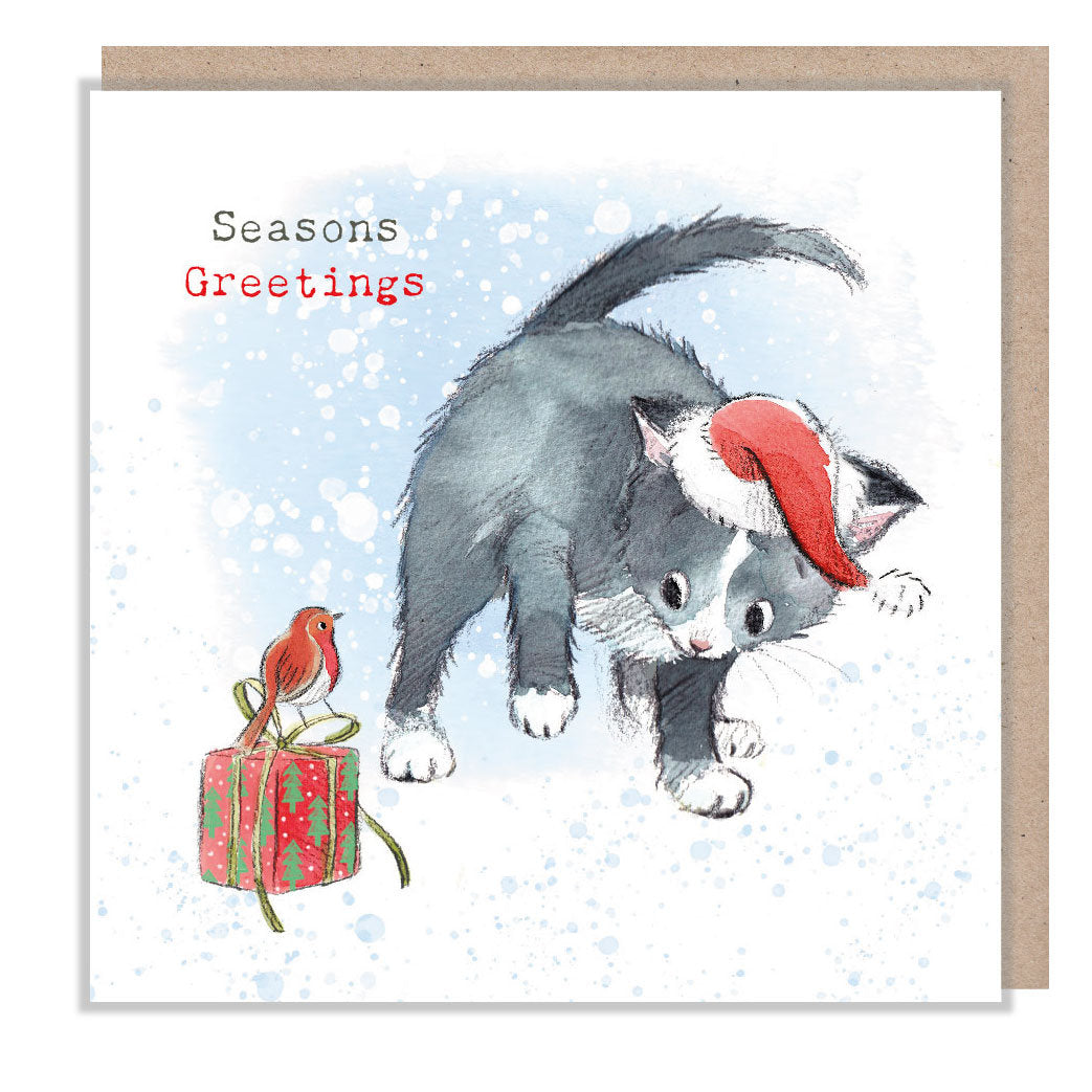 Quality Christmas Card - Charming Cat illustration - 'Pawsitively Purrect' range - Black Cat in Xmas hat with Robin - Made in UK - XPP09