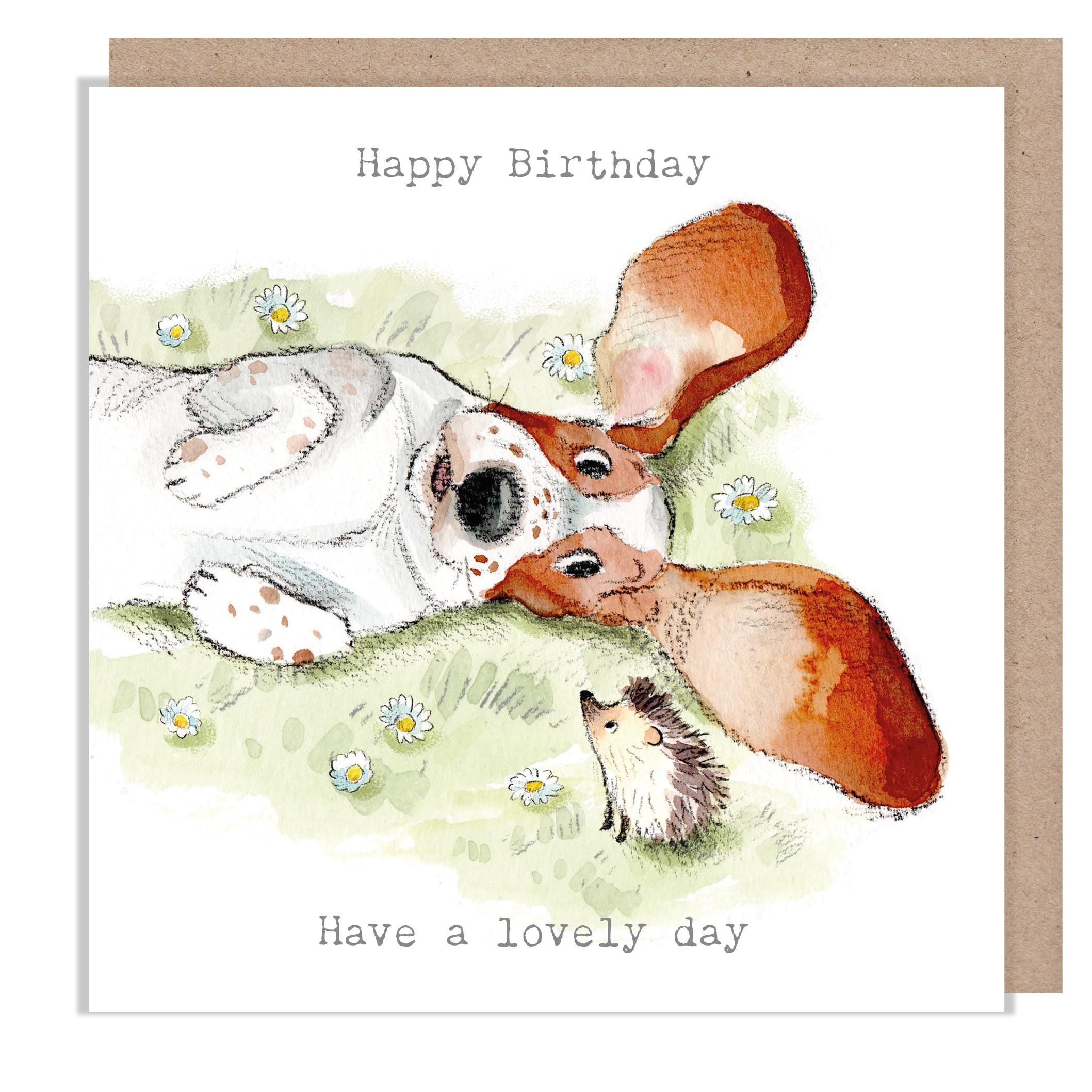 Birthday Card - Charming Dog illustration - 'Absolutely barking' range -Basset Hound and Hedgehog - Made in UK - ABE098