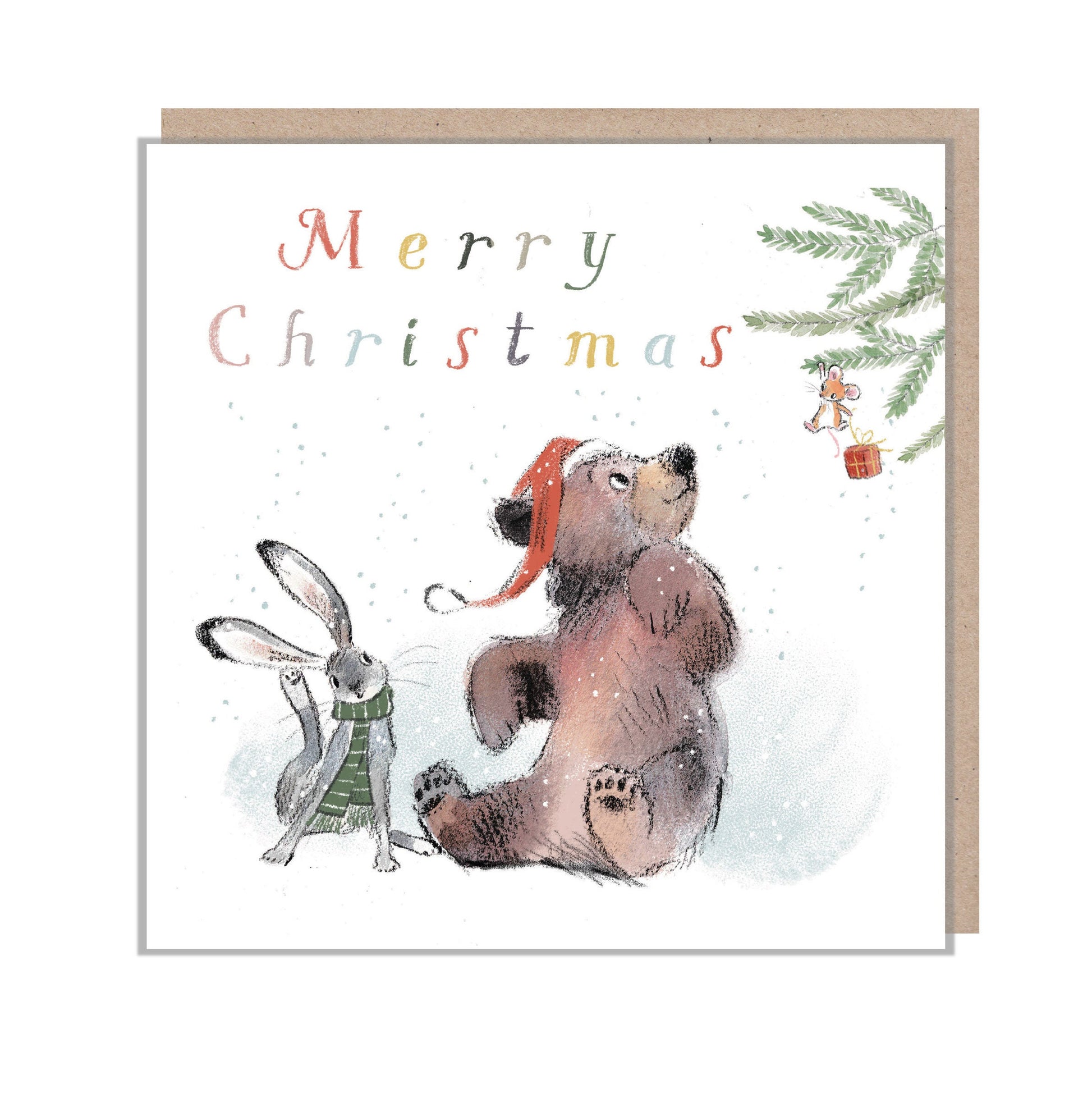 Quality Christmas Card,'the Bear, the Hare, and the Mouse', Cute heart warming  Bear Illustration, Bear looking at Mouse, made in UK, BHMX07