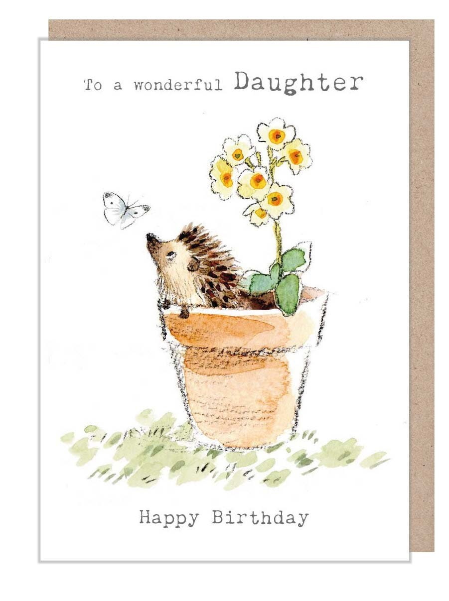 Daughter Birthday  - Quality Card - Charming illustration - Hedgehog in Flowerpot - 'Bucklebury Wood'  range - Made in UK -  BWE034