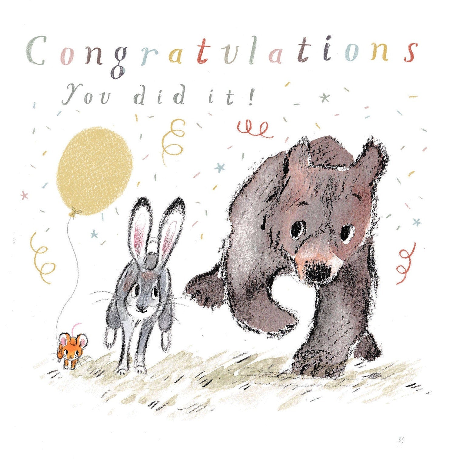 Congratulations you did it!, Quality Greeting Card, 'the Bear, the Hare, and the Mouse' , heart warming Illustrations, made in UK, BHME08