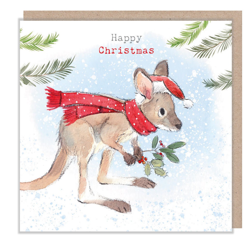 Happy Christmas - Quality Christmas Card - 150 x 150mm - Charming Kangaroo illustration - 'Wonderfully Wild'  range - Made in UK -  WWX05