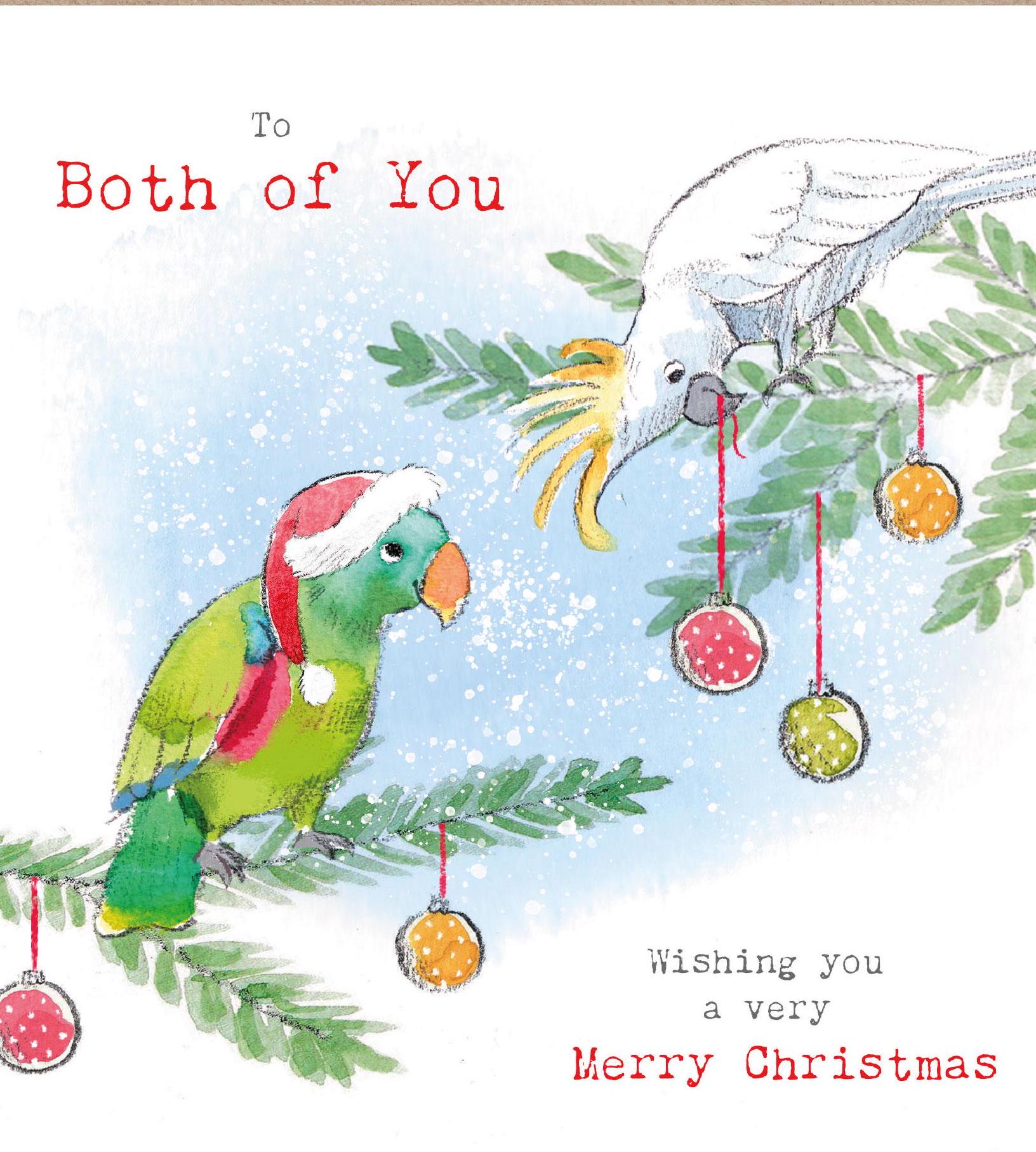 To Both of You - Quality Christmas Card - 150 x 150mm - Charming Parrot illustration - 'Wonderfully Wild'  range - Made in UK -  WWX022