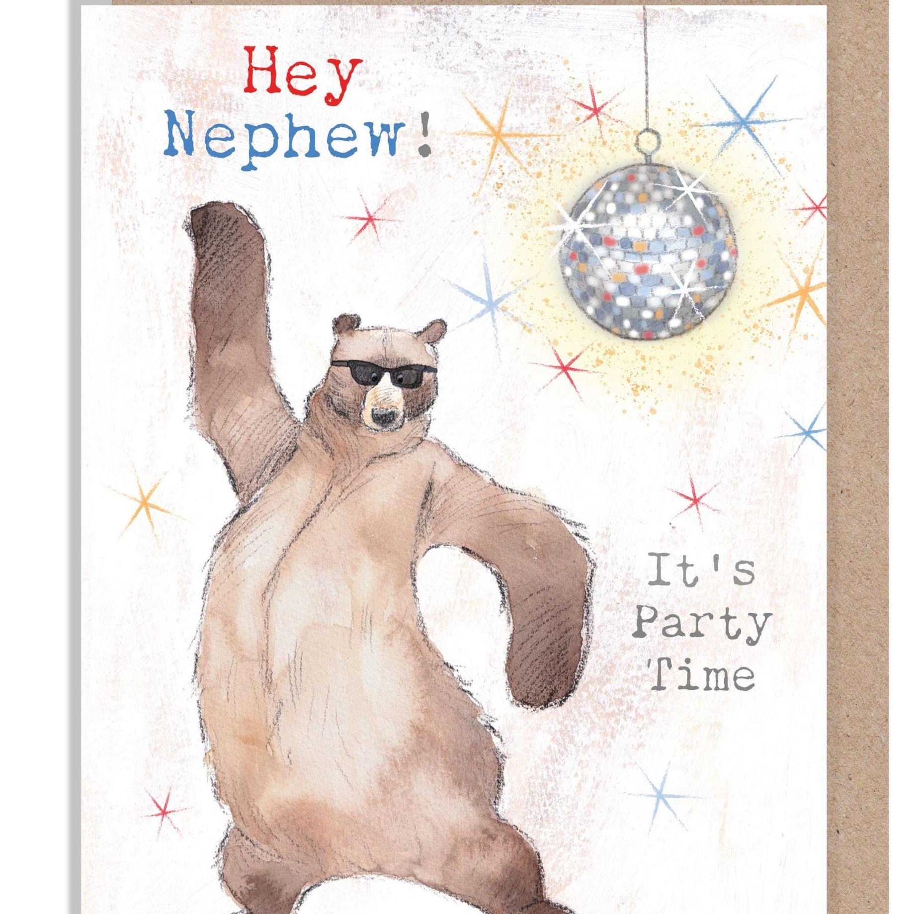 Nephew Birthday card, It's Party Time! , Bear dancing 'Hey Bear' range, Fun hand Drawn Illustrations, made in UK, HBE014
