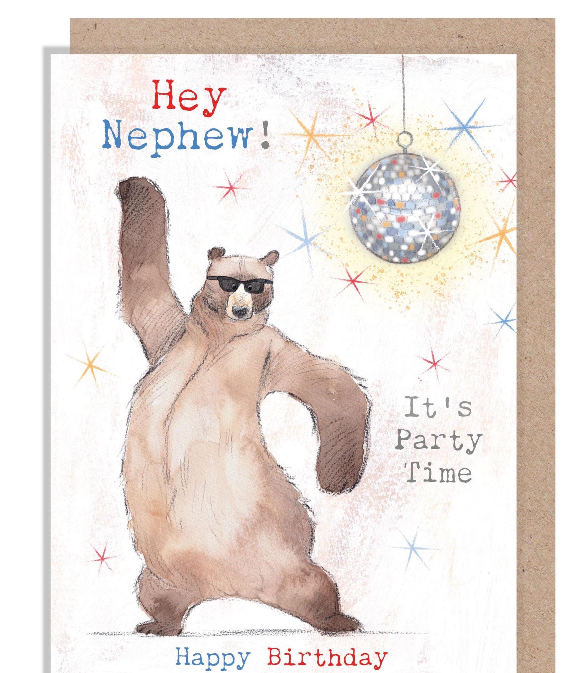 Nephew Birthday card, It's Party Time! , Bear dancing 'Hey Bear' range, Fun hand Drawn Illustrations, made in UK, HBE014