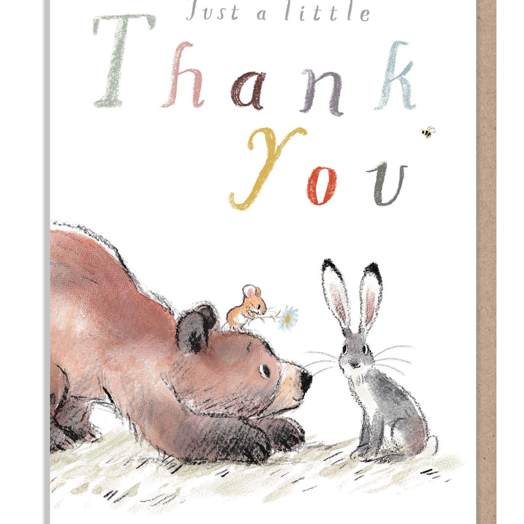 Thank you, Quality Greeting Card, 'the Bear, the Hare, and the Mouse', heart warming Illustrations, made in UK, BHME06