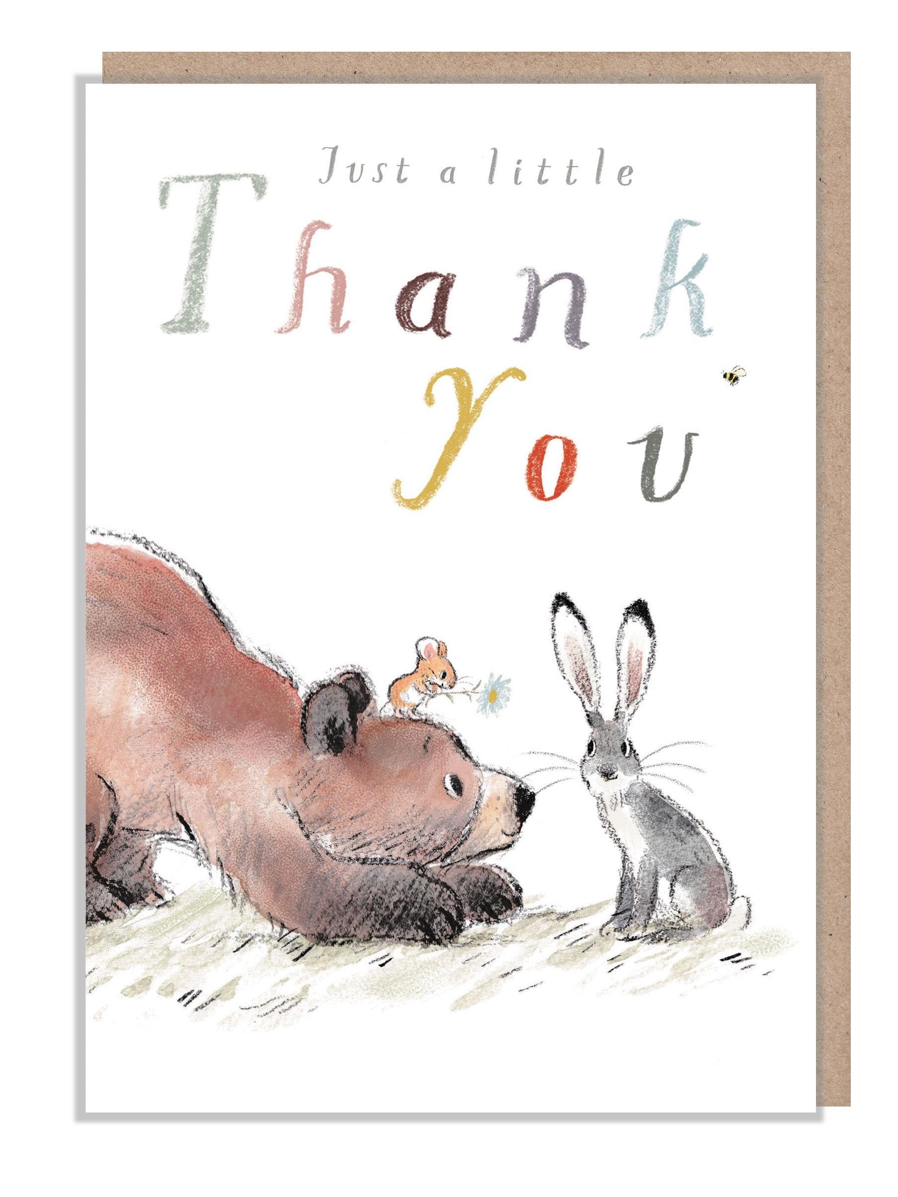 Thank you, Quality Greeting Card, 'the Bear, the Hare, and the Mouse', heart warming Illustrations, made in UK, BHME06