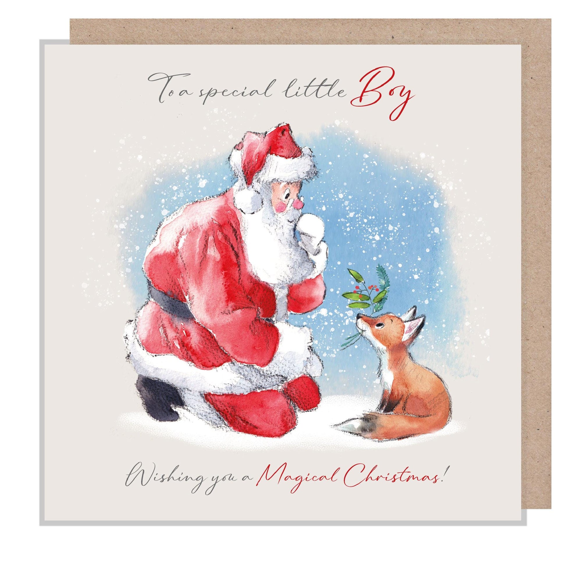 To a special little Boy - Quality Christmas Card - 150 x 150mm - Charming Santa and Fox  illustration - 'Wintery Tails'  range  - WT08