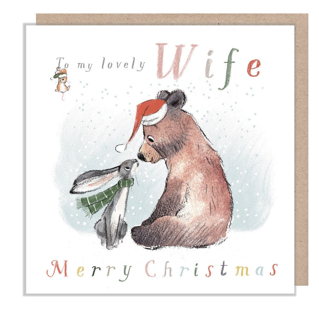 Wife Christmas Card, 'the Bear, the Hare, and the Mouse', Cute heart warming Bear Illustration, to my lovely Wife, made in UK, BHMX013