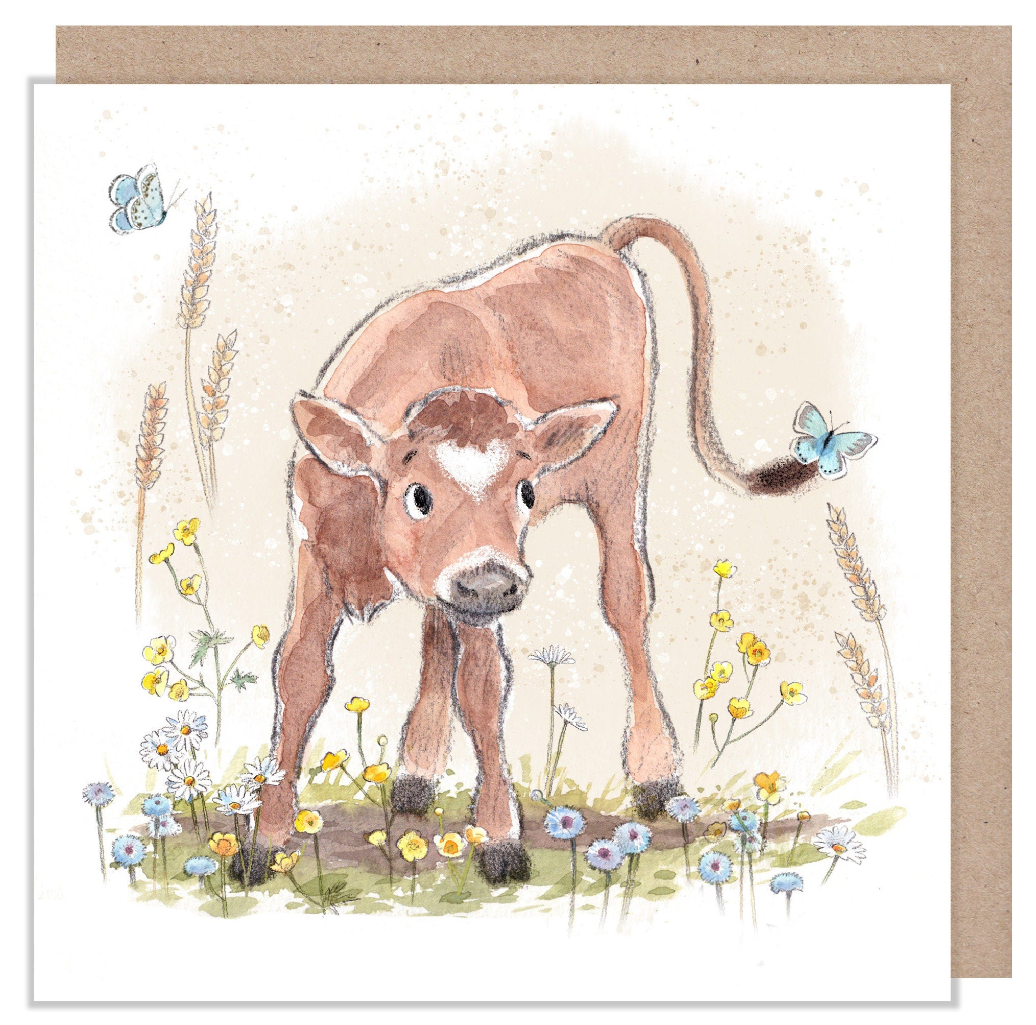 Blank Card - Quality Greeting Card - Charming illustration - 'Buttercup Farm' range - Cute Calf - Made in UK -  BF012