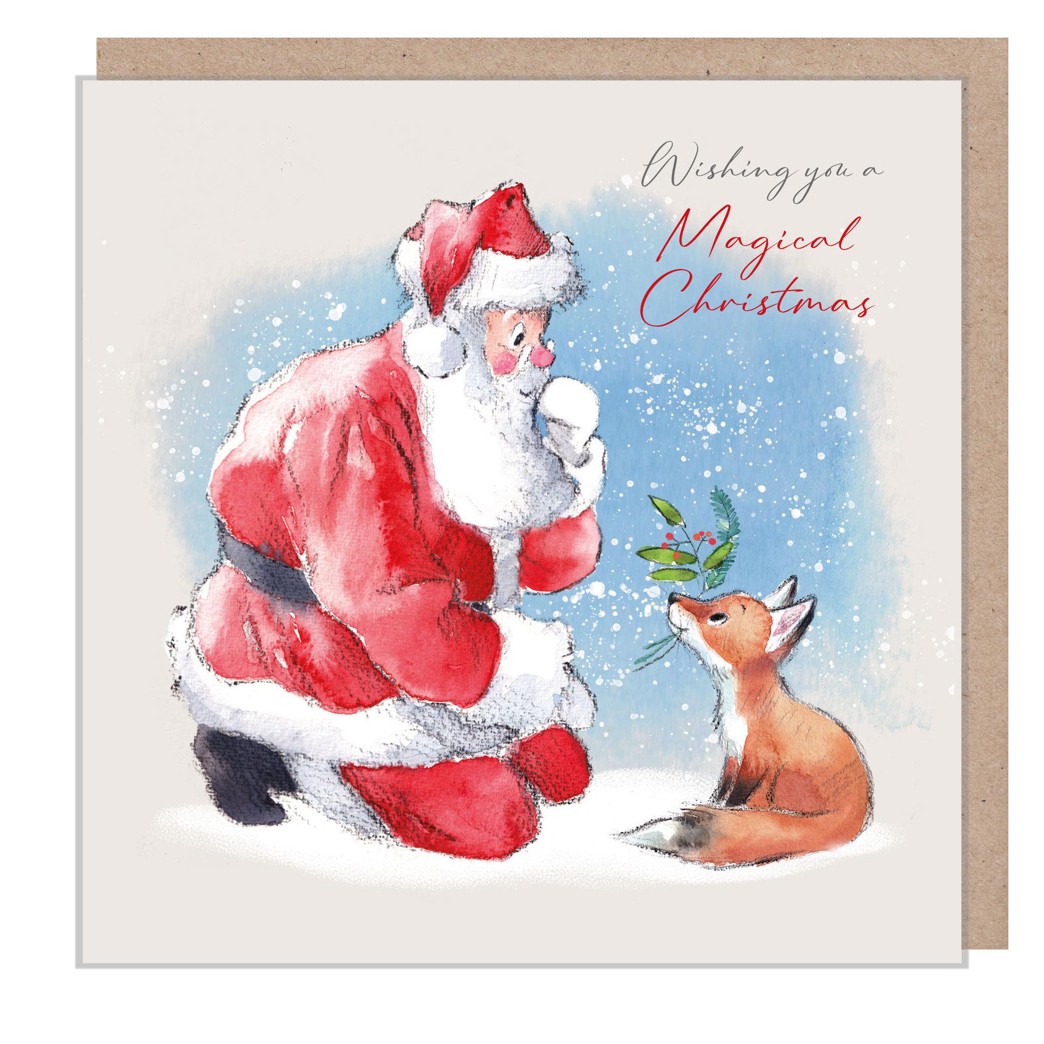 Quality Christmas Card -Magical Christmas - 150 x 150mm - Charming Santa and Fox  illustration - 'Wintery Tails'  range - Made in UK -  WT01