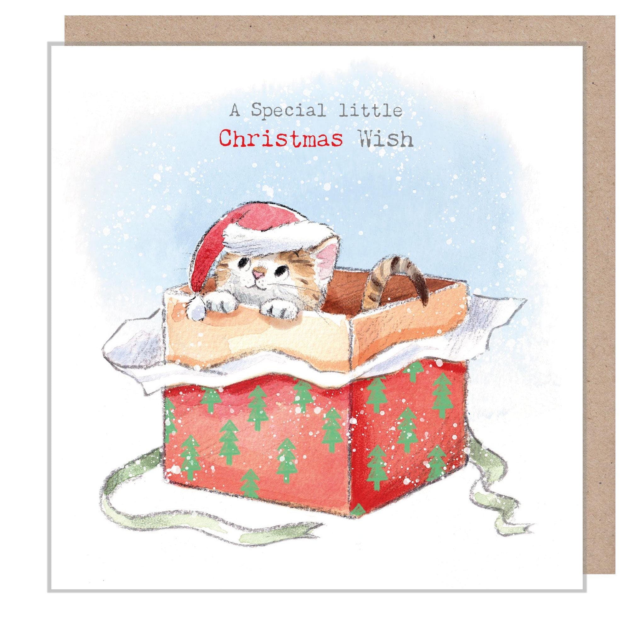 Quality Christmas Card - Christmas Wish - Charming Cat illustration - 'Pawsitively Purrect' range - Kitten in a gift box- Made in UK -XPP014