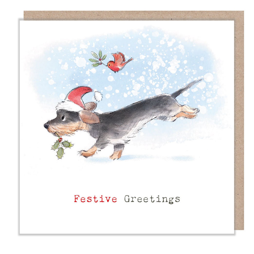 Festive Greetings - Quality Christmas Card - 150 x 150mm -  Charming Dog illustration - 'Absolutely barking' range - Made in UK -  ABX112
