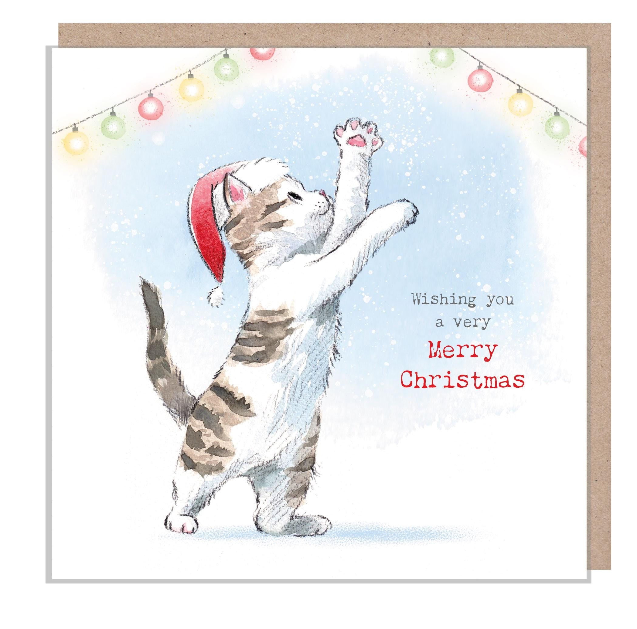 Quality Christmas Card - Charming Cat illustration - 'Pawsitively Purrect' range - Cat with Fairy lights - Made in UK - XPP013