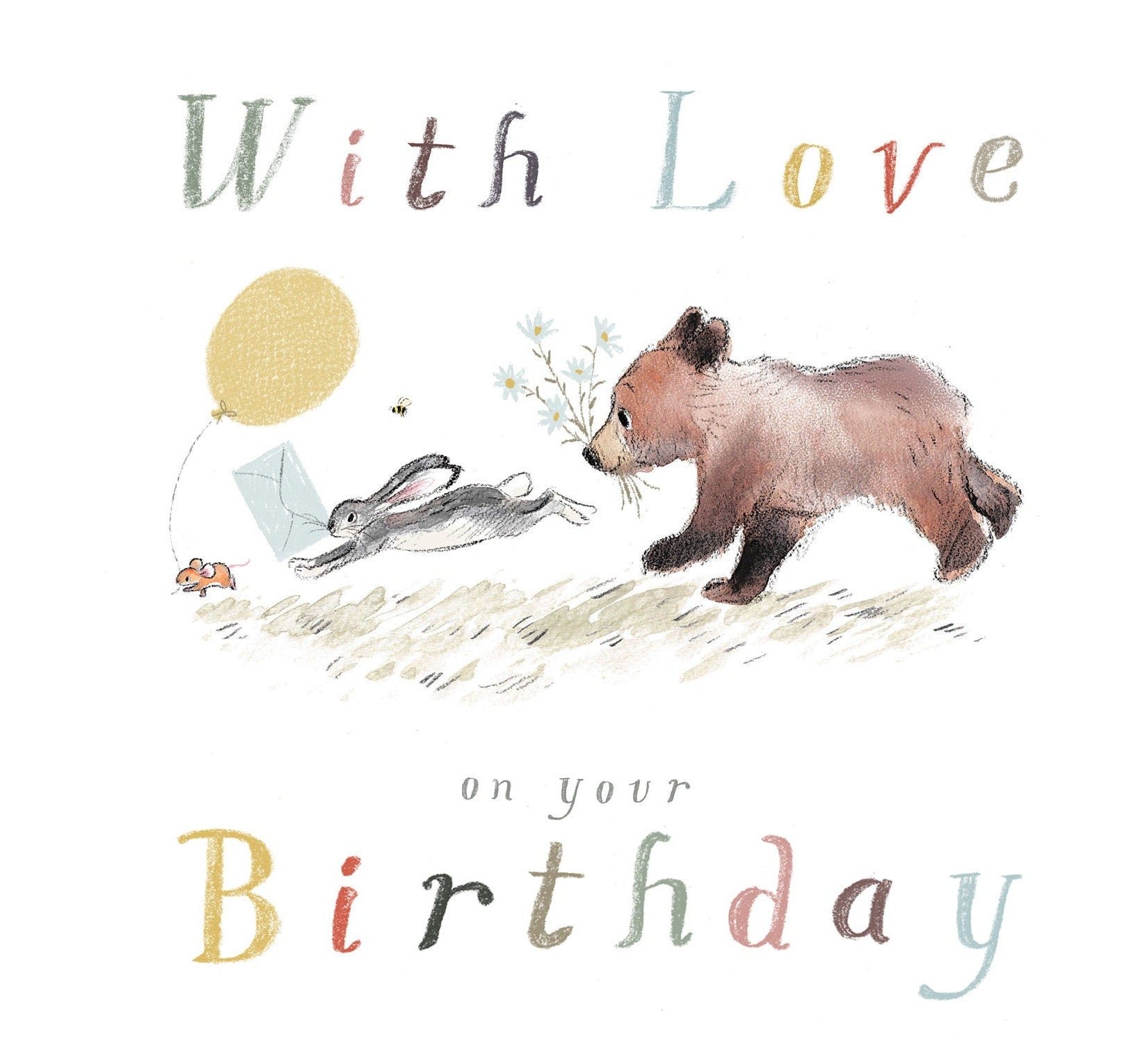 With love on your Birthday, Quality Greeting Card, 'the Bear, the Hare, and the Mouse' , heart warming Illustrations, made in UK, BHME02