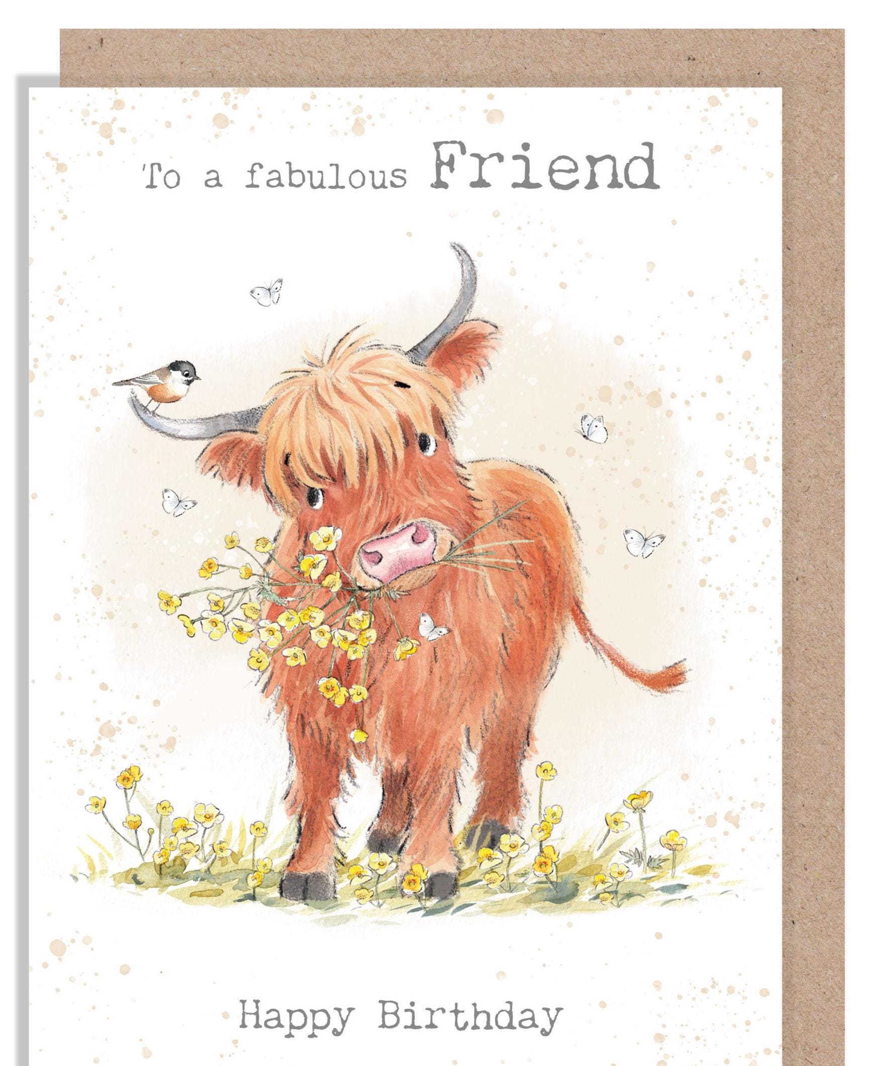 Friend Birthday Card - Quality Greeting Card - Charming illustration - 'Buttercup Farm' range - Highland Cow - Made in UK -  BF017