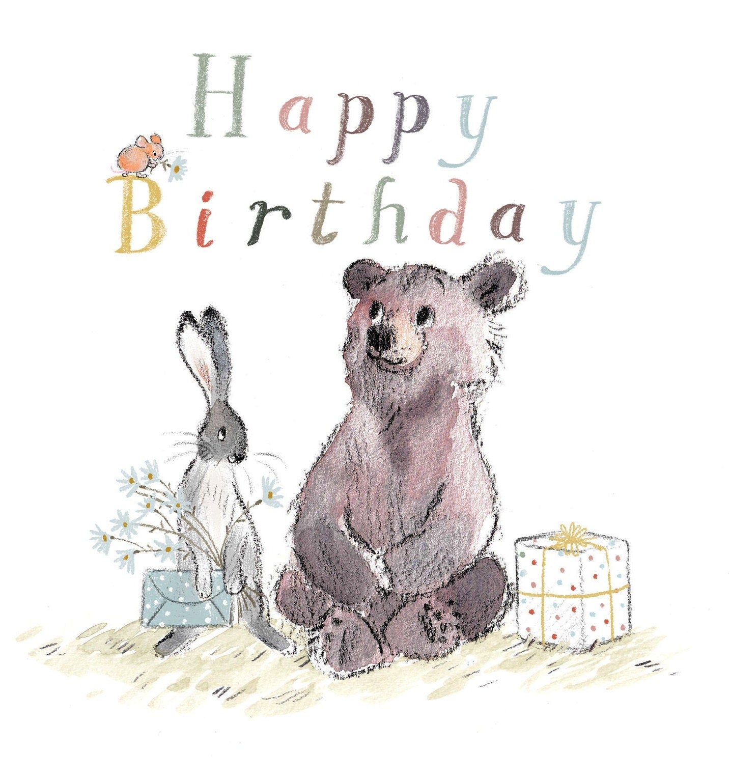 Happy Birthday, Quality Greeting Card, 'the Bear, the Hare, and the Mouse' , heart warming Illustrations, made in UK, no plastic, BHME011