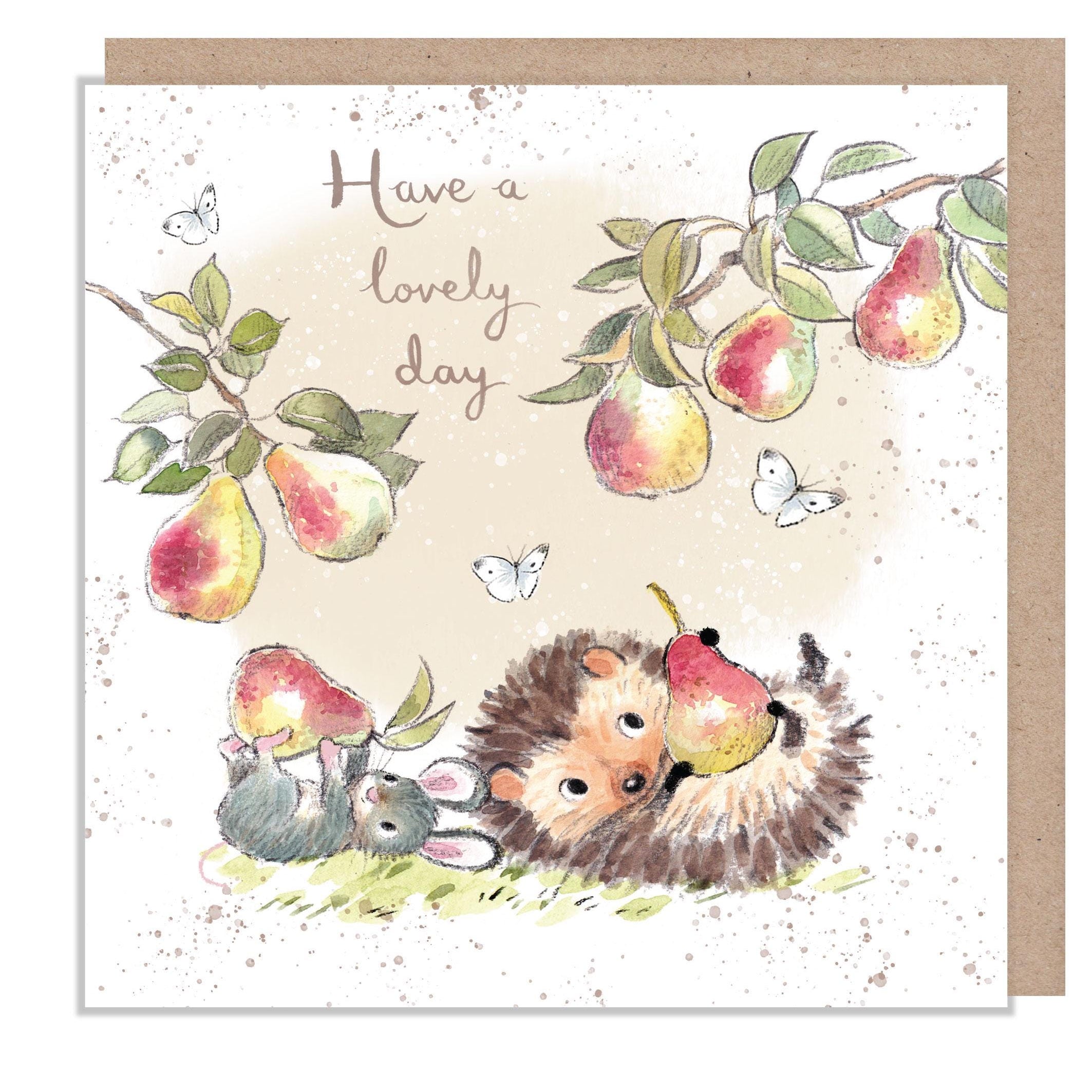 Birthday Card - Quality Card - Charming illustration - Hedgehog and Mouse with Pears - 'Morris and Maude' range - Made in UK -  MME011