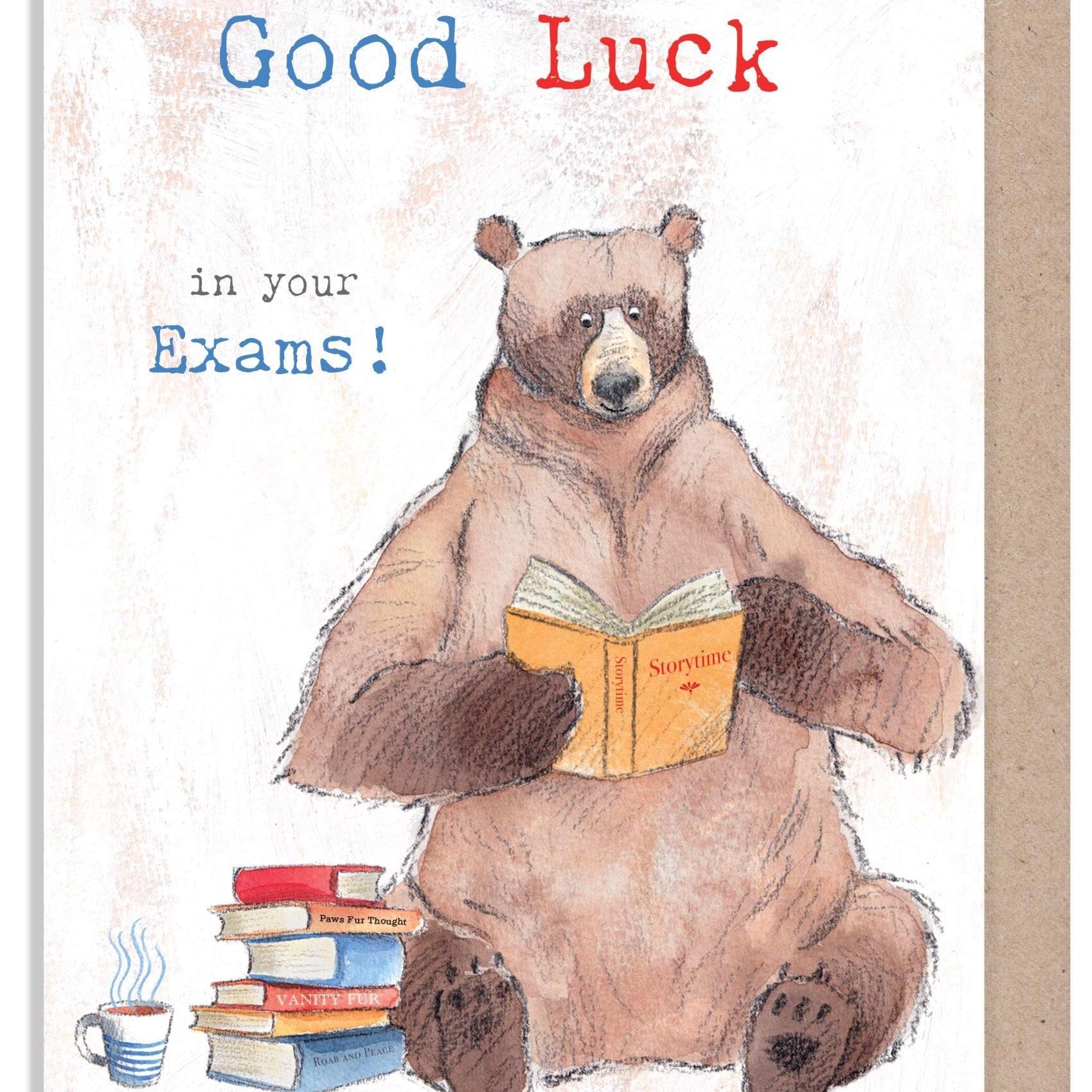 Exams - Good Luck card, Quality Greeting Card, Bear reading books 'Hey Bear' range, Fun hand drawn Illustrations, made in UK, HBE016