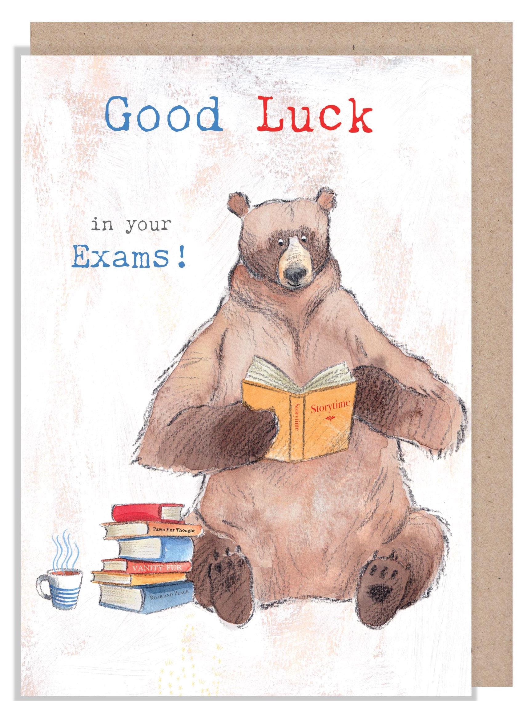 Exams - Good Luck card, Quality Greeting Card, Bear reading books 'Hey Bear' range, Fun hand drawn Illustrations, made in UK, HBE016