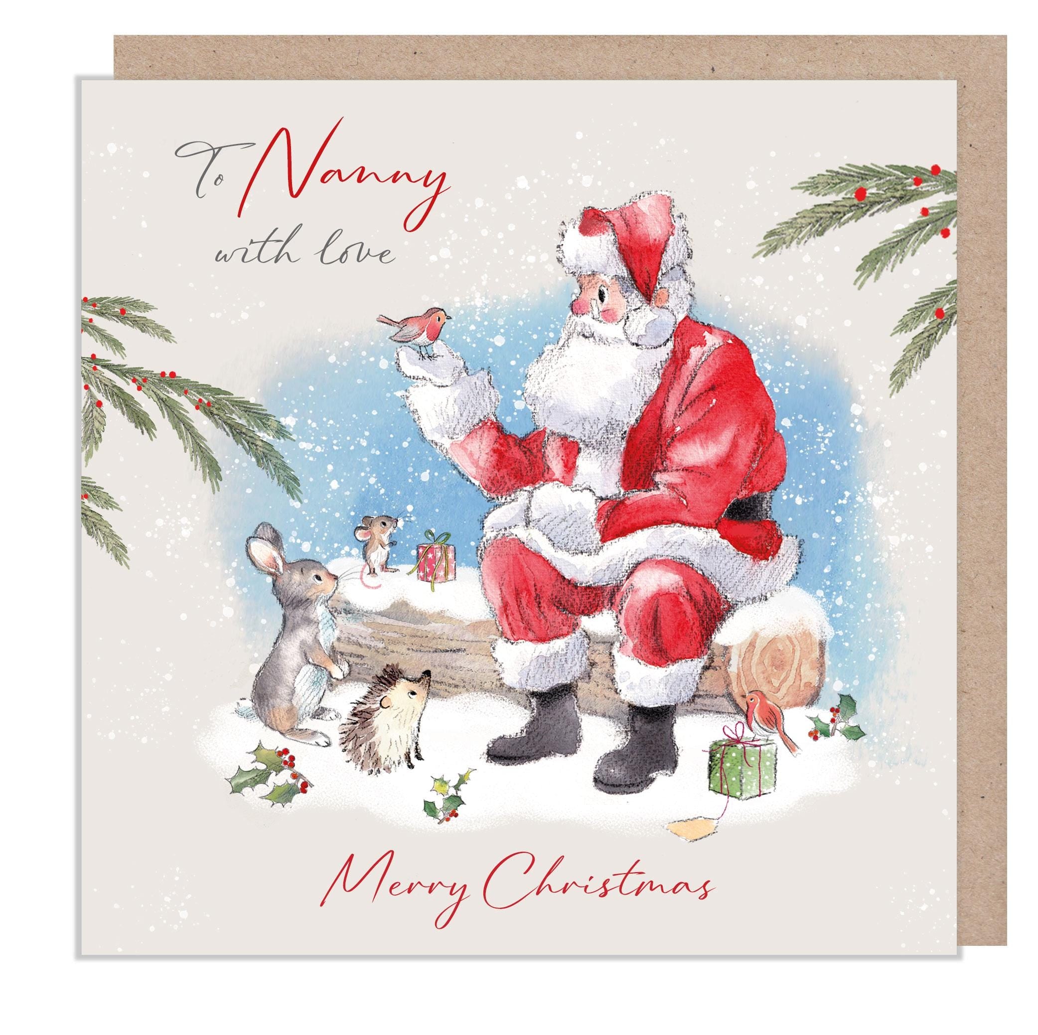 To Nanny with love - Quality Christmas Card -150 x 150mm - Santa holding Robin - 'Wintery Tails'  range - Made in UK - WT011