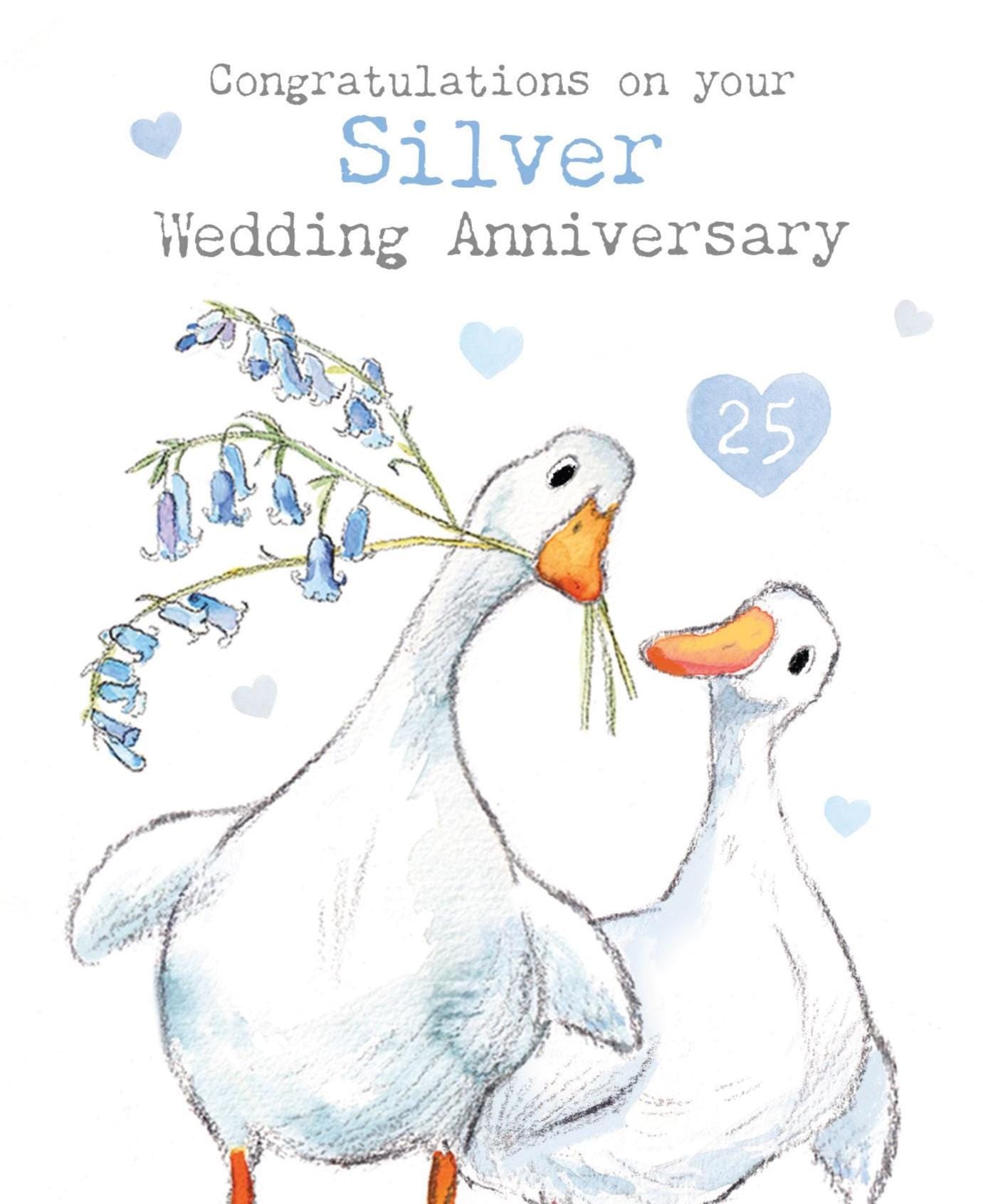 Silver Wedding Anniversary card - Quality Greeting Card- 25 years - Ducks with bluebells - 'Down by the river'  range - Made in UK -  RIV018