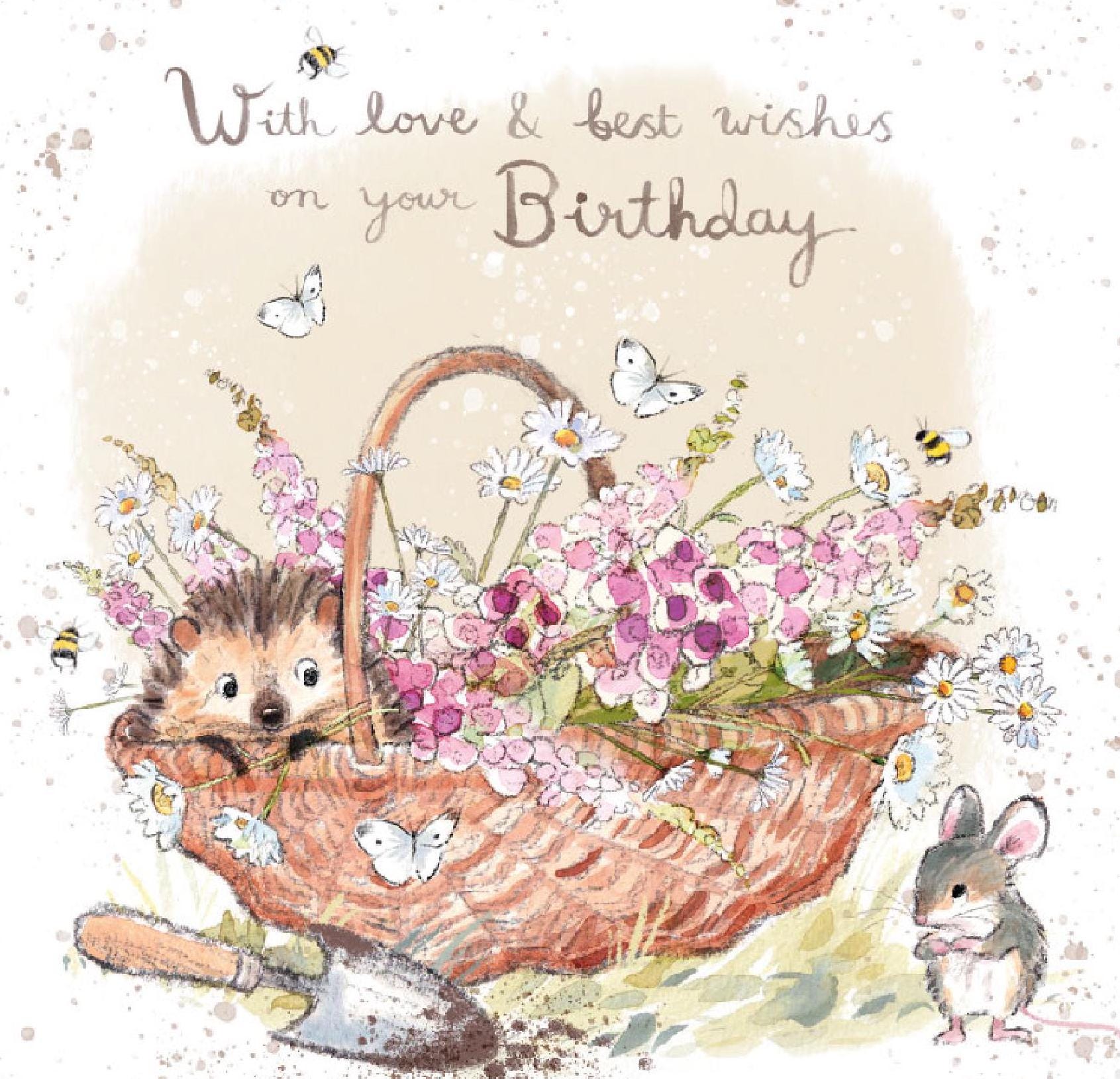 Birthday Card - Quality Card - Charming illustration - Hedgehog in Flower basket - 'Morris and Maude' range - Made in UK -  MME02