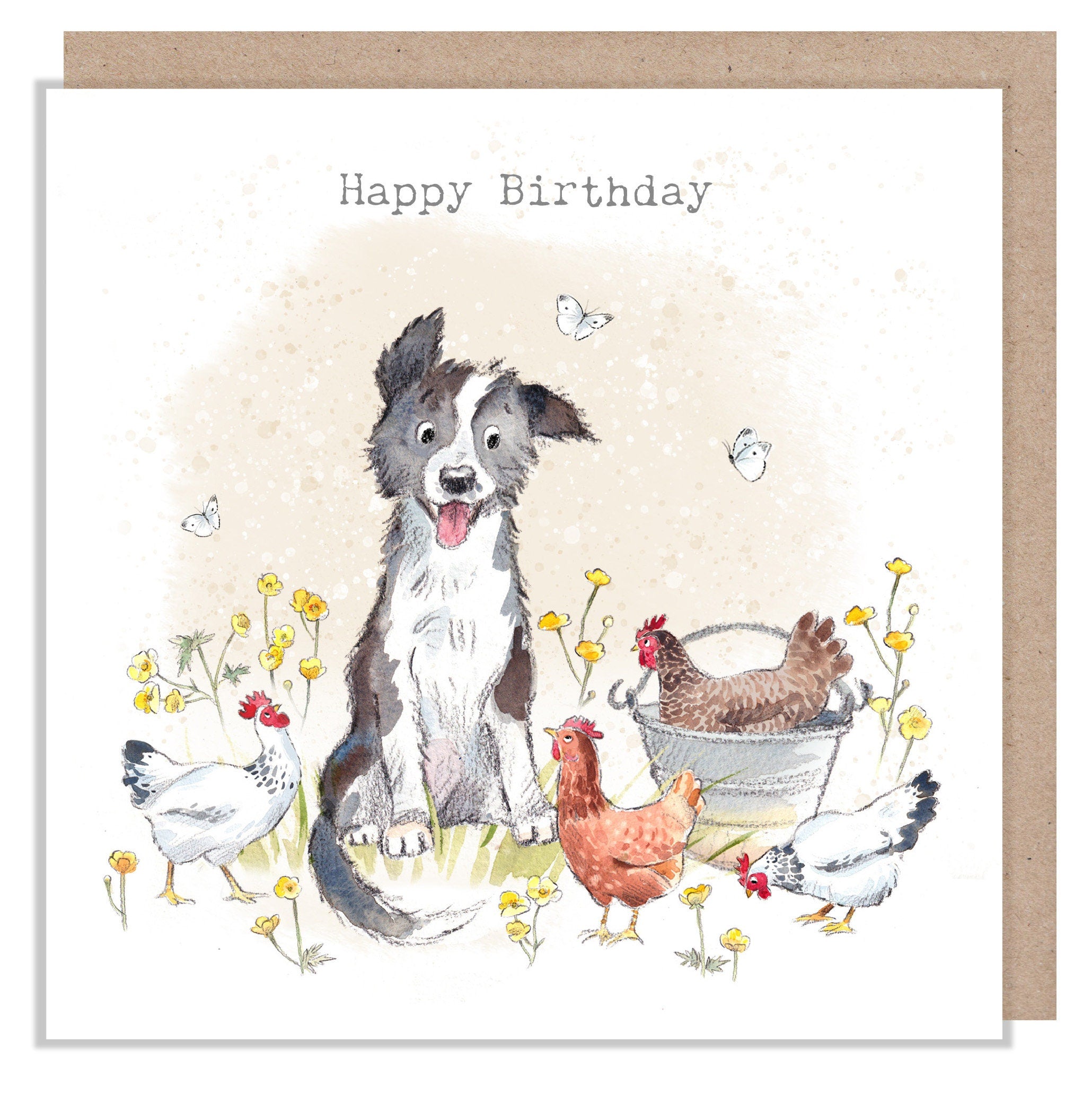 Dog and Chickens Birthday Card: 'Buttercup Farm' Illustration