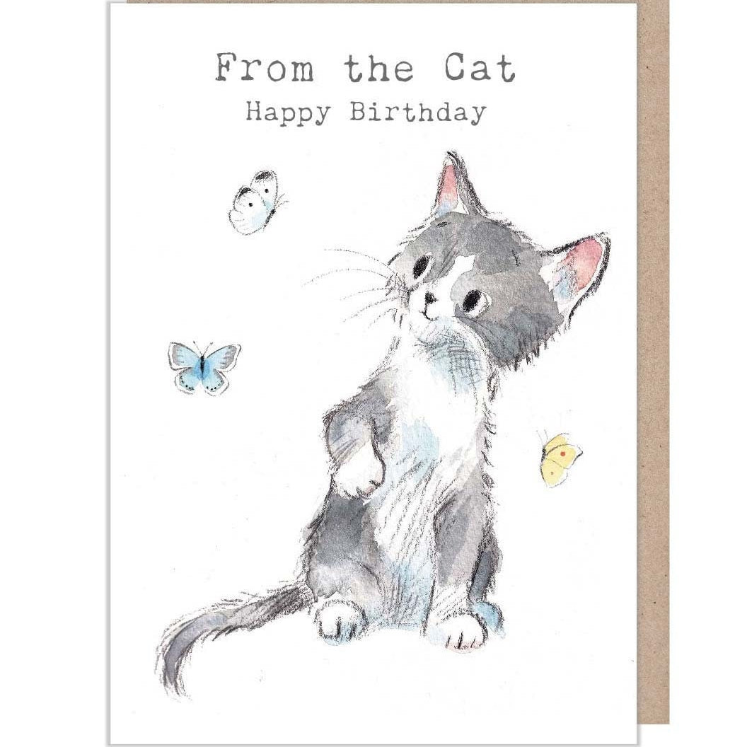 From the Cat Birthday Card -  Charming illustration -'Pawsitively Purrect' range- Grey Cat with butterflies - Made in UK - EPP017