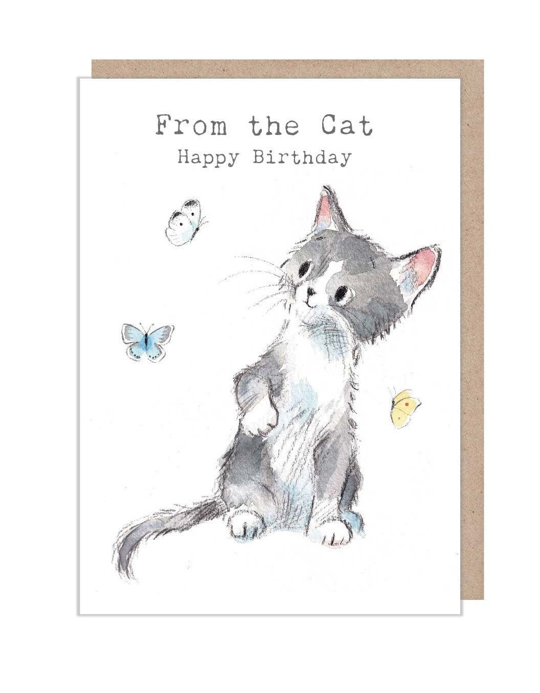From the Cat Birthday Card -  Charming illustration -'Pawsitively Purrect' range- Grey Cat with butterflies - Made in UK - EPP017