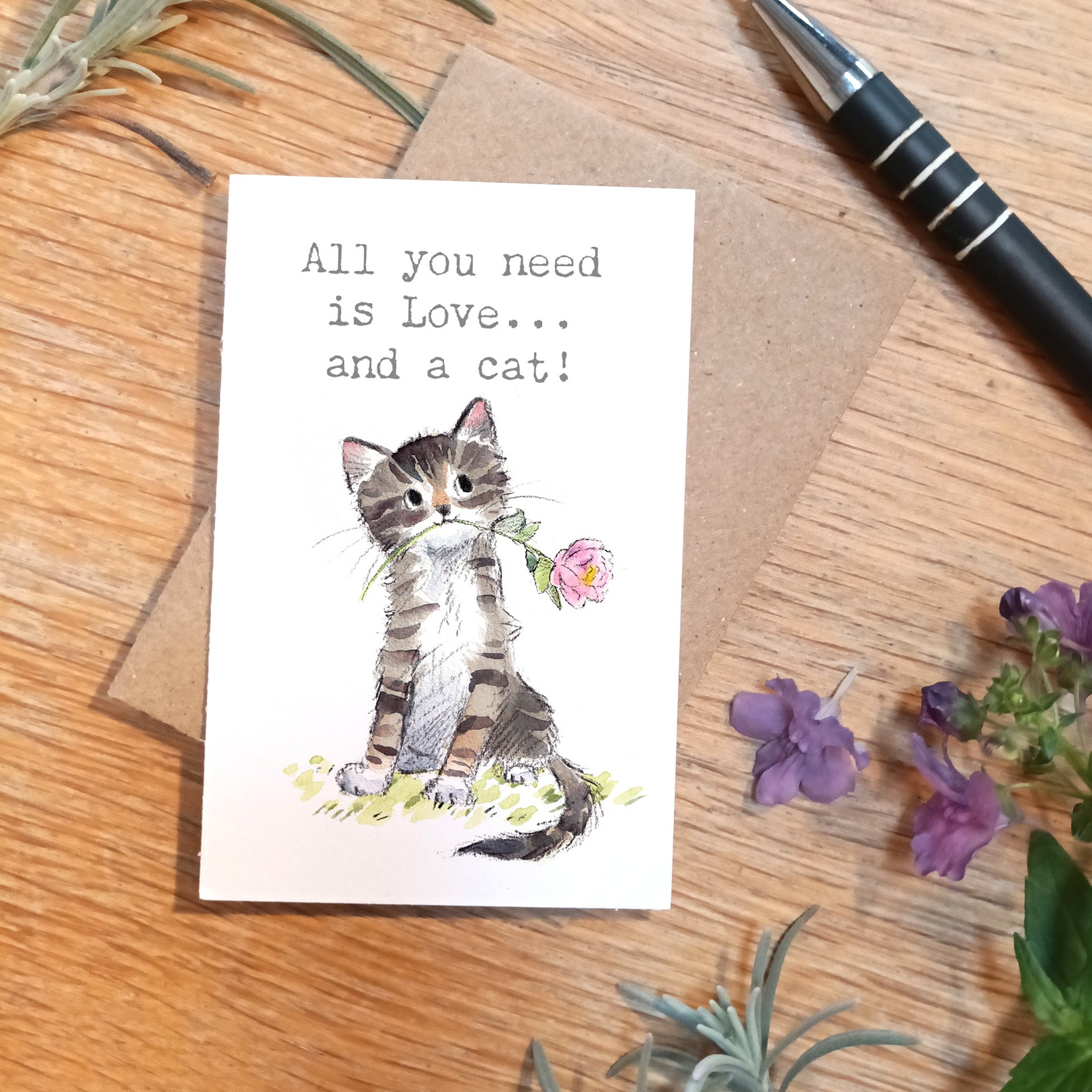 Little keepsake card -All you need is love and a cat -  credit card size - a little message to be kept in purse, wallet or pocket - LM09