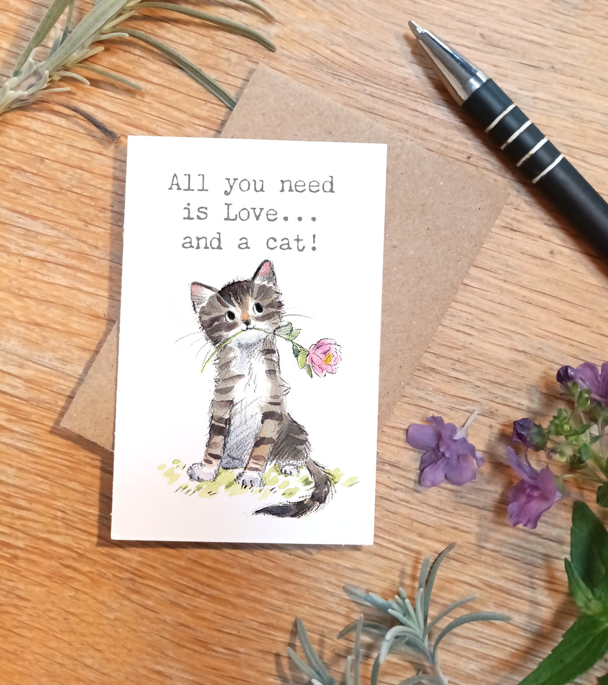Little keepsake card -All you need is love and a cat -  credit card size - a little message to be kept in purse, wallet or pocket - LM09