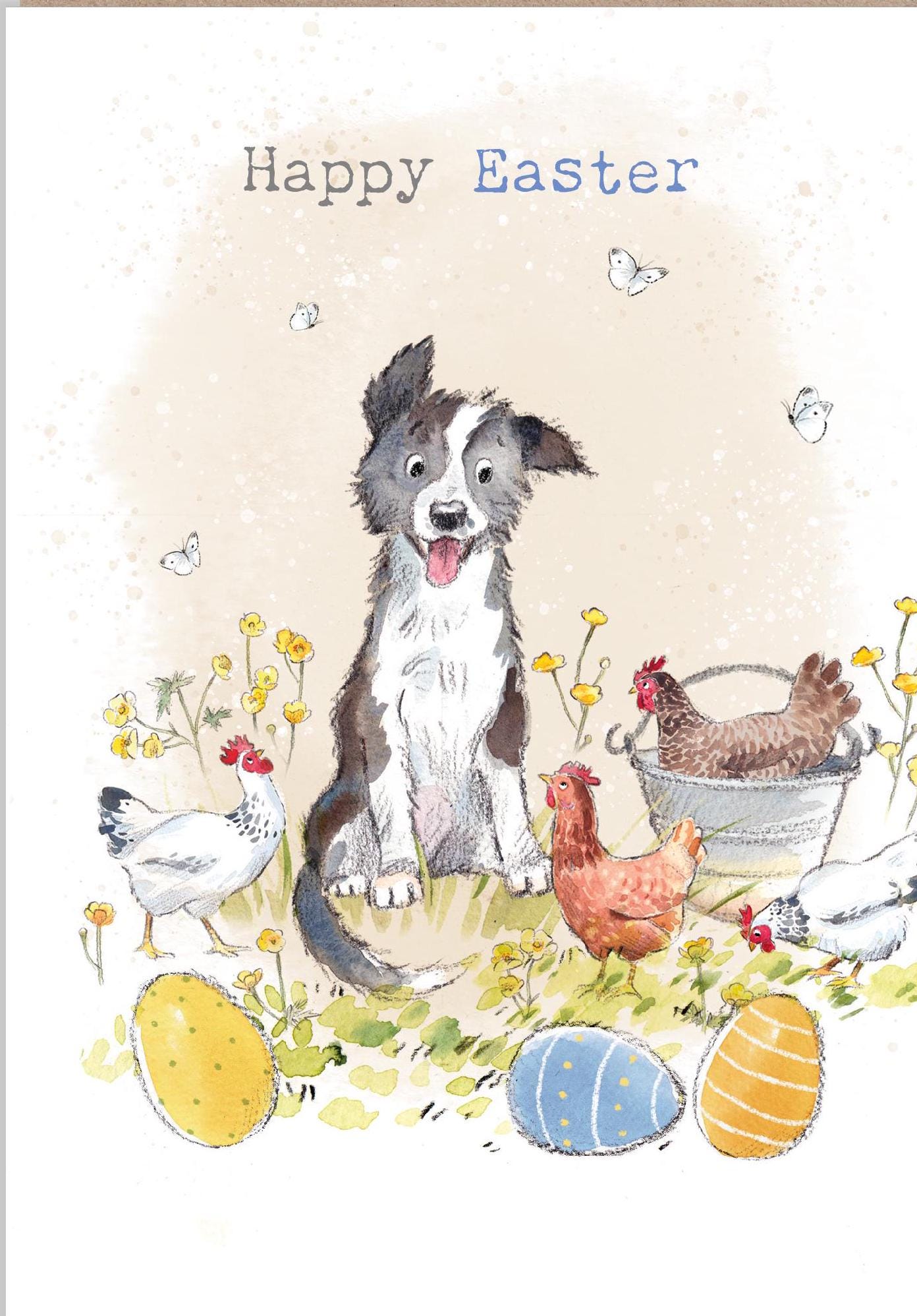 Easter Card - Quality Greeting Card - Charming illustration - 'Buttercup Farm' range - Collie Dog and hens  - Made UK -  BFEASTER03
