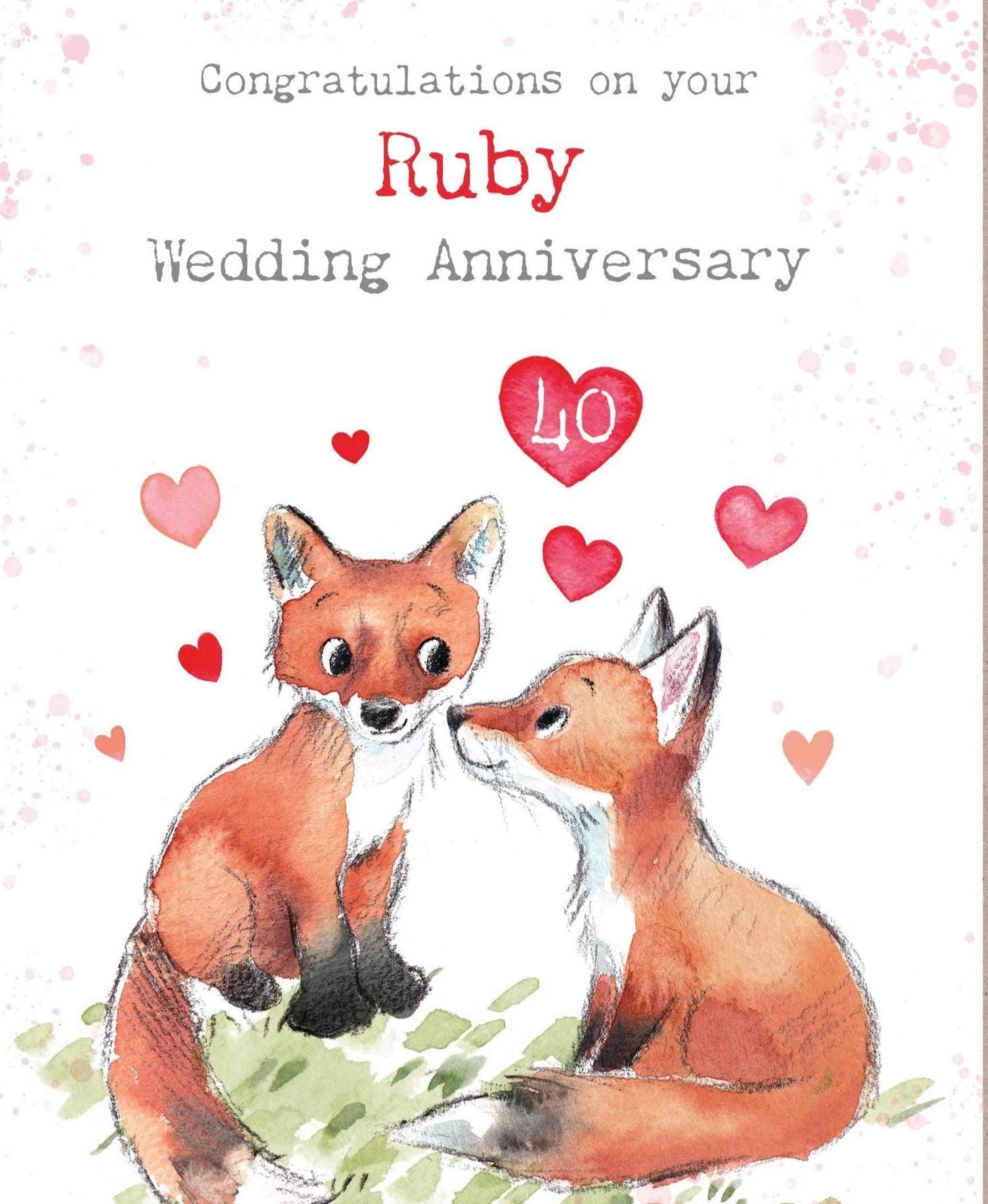 Ruby Anniversary - Quality Card - Congratulations on your Ruby wedding - 40 years - Fox with hearts 'Bucklebury Wood' range - BWE045