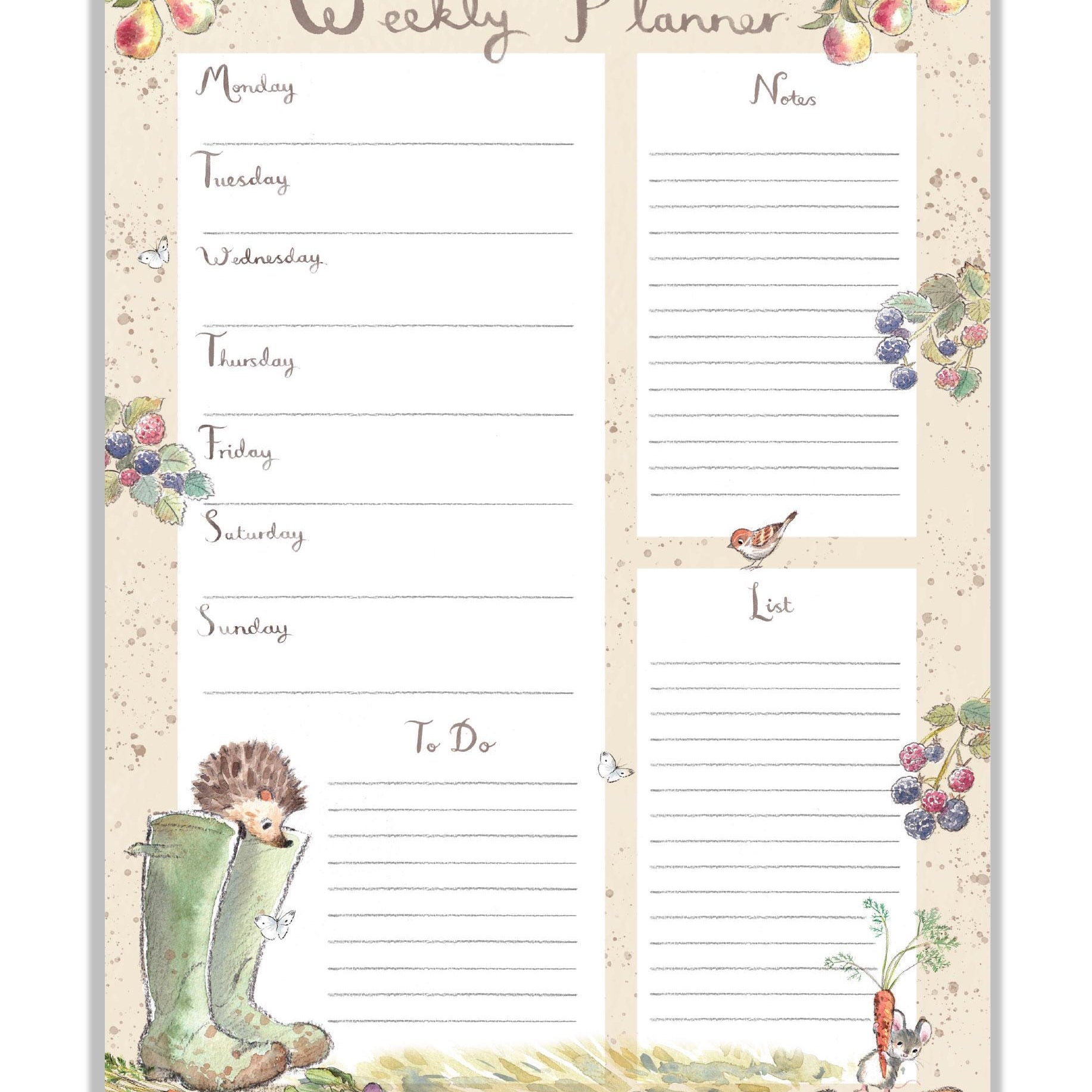 Weekly Planner - A4 size -  charming Hedgehog Illustration - 'Morris and Maude' range - made in the UK - WPLAN01