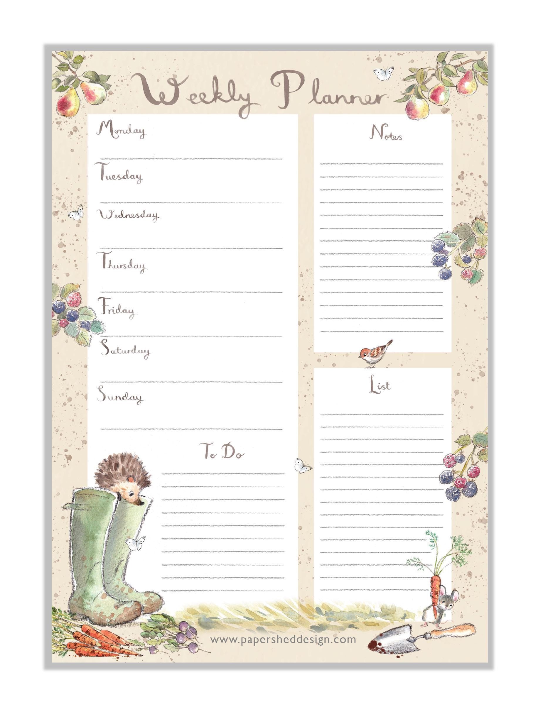 Weekly Planner - A4 size -  charming Hedgehog Illustration - 'Morris and Maude' range - made in the UK - WPLAN01