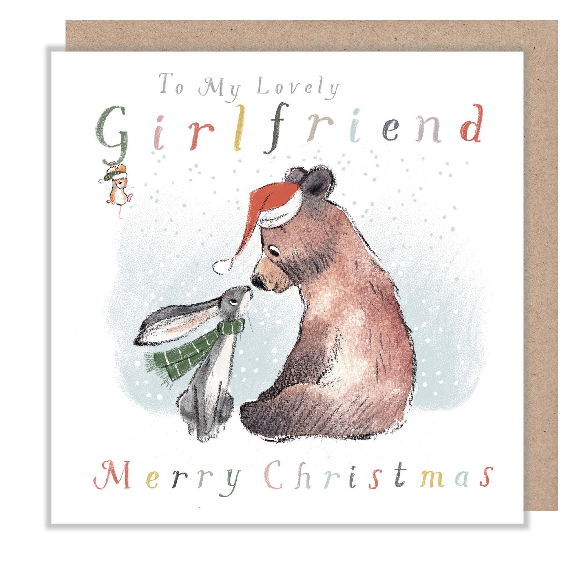 Girlfriend Christmas Card, 'the Bear, the Hare, and the Mouse', Cute heart warming Bear Illustration, made in UK, BHMX016