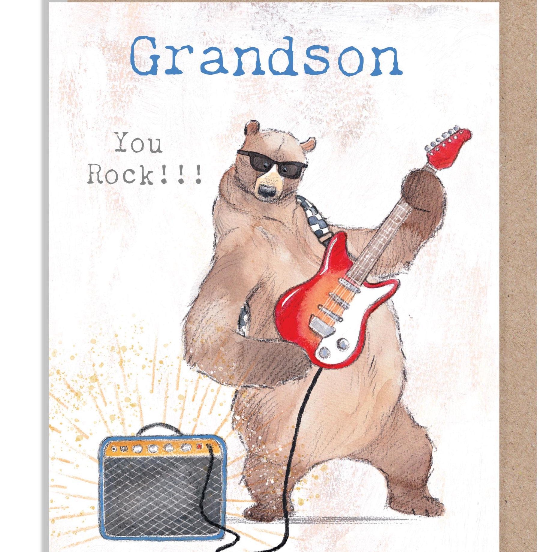 Grandson Birthday card, Quality Greeting Card, Bear playing Guitar 'Hey Bear' range, Fun hand drawn Illustrations, made in UK, HBE012