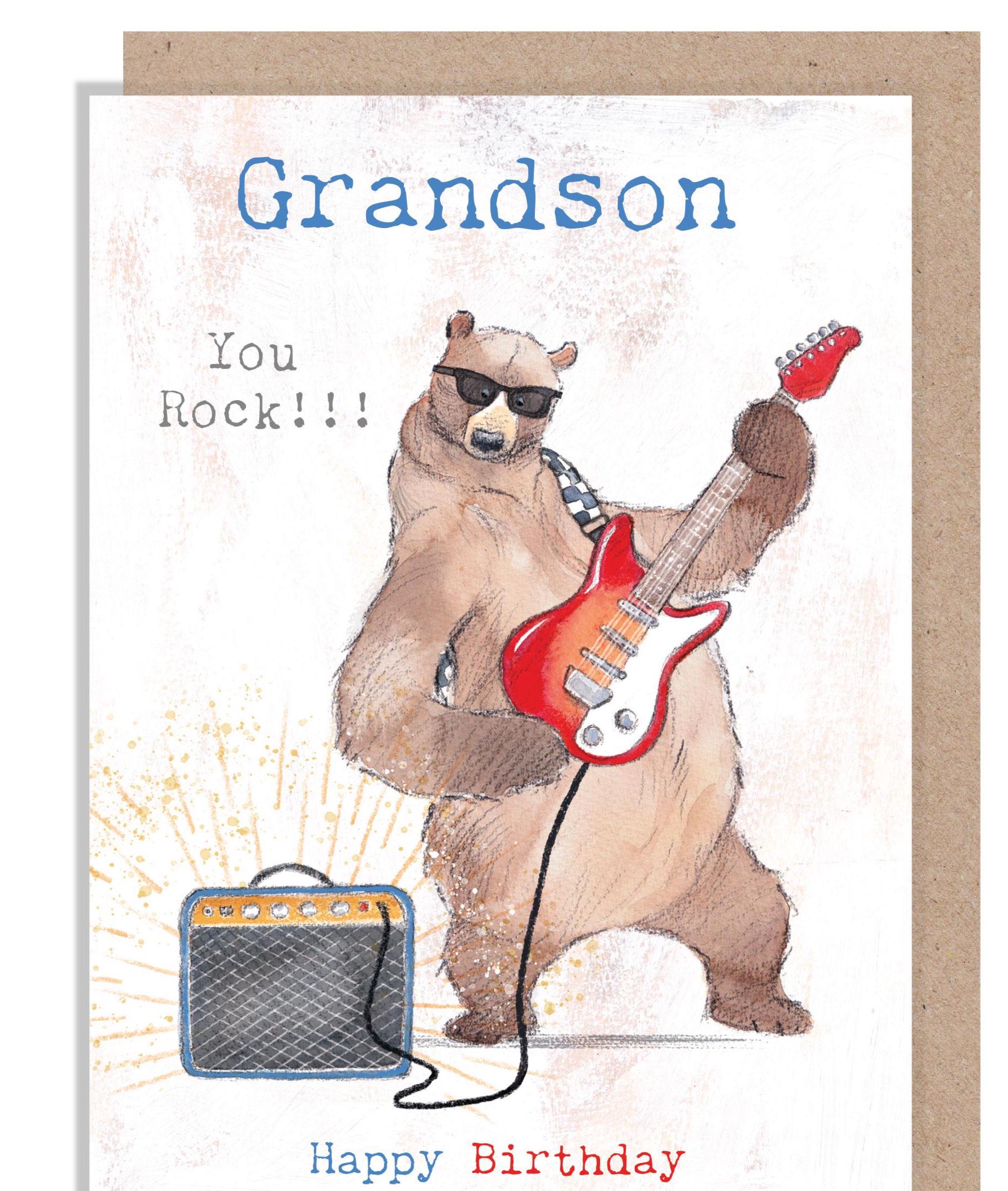 Grandson Birthday card, Quality Greeting Card, Bear playing Guitar 'Hey Bear' range, Fun hand drawn Illustrations, made in UK, HBE012